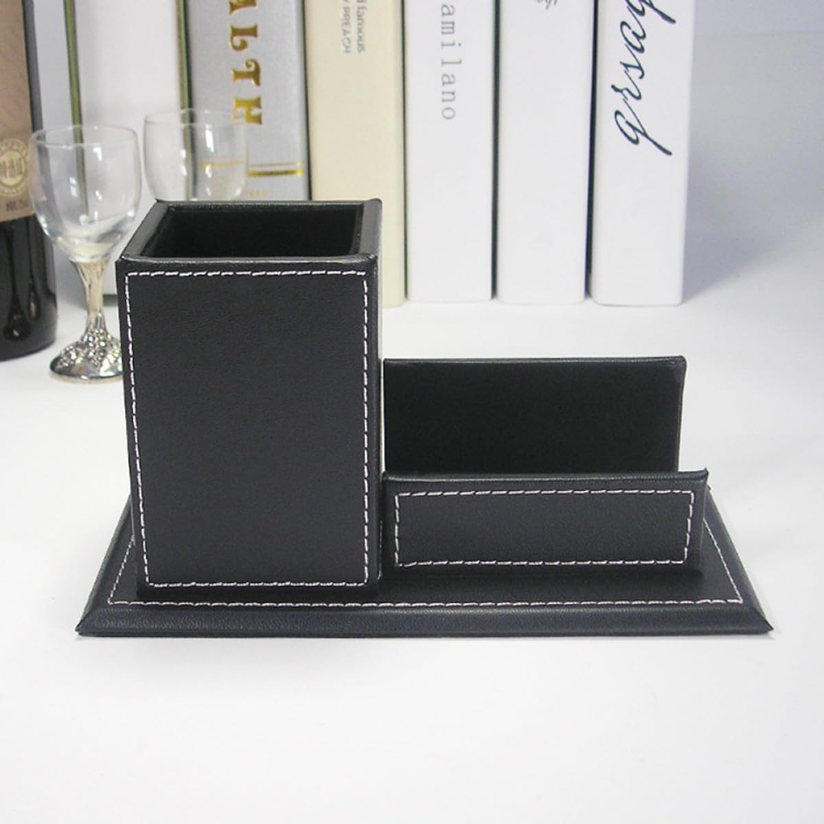 Portalápices de Cuero Sintético Negro Multifuncional Organizador de Escritorio y Soporte para Tarjetas de Negocios Expositor Compacto para Oficina y Materiales de Papelería
