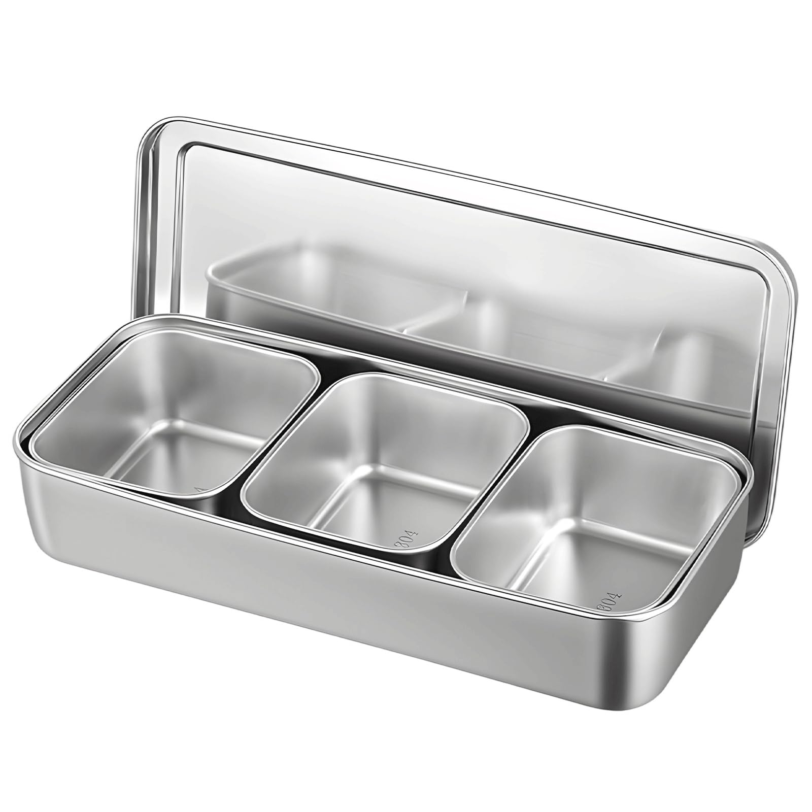 Bac à condiments en acier inoxydable à 3 compartiments, récipient avec couvercles, 33,8 fl oz 1000 ml par case, longueur 33,5 cm, pour cuisine et usage professionnel