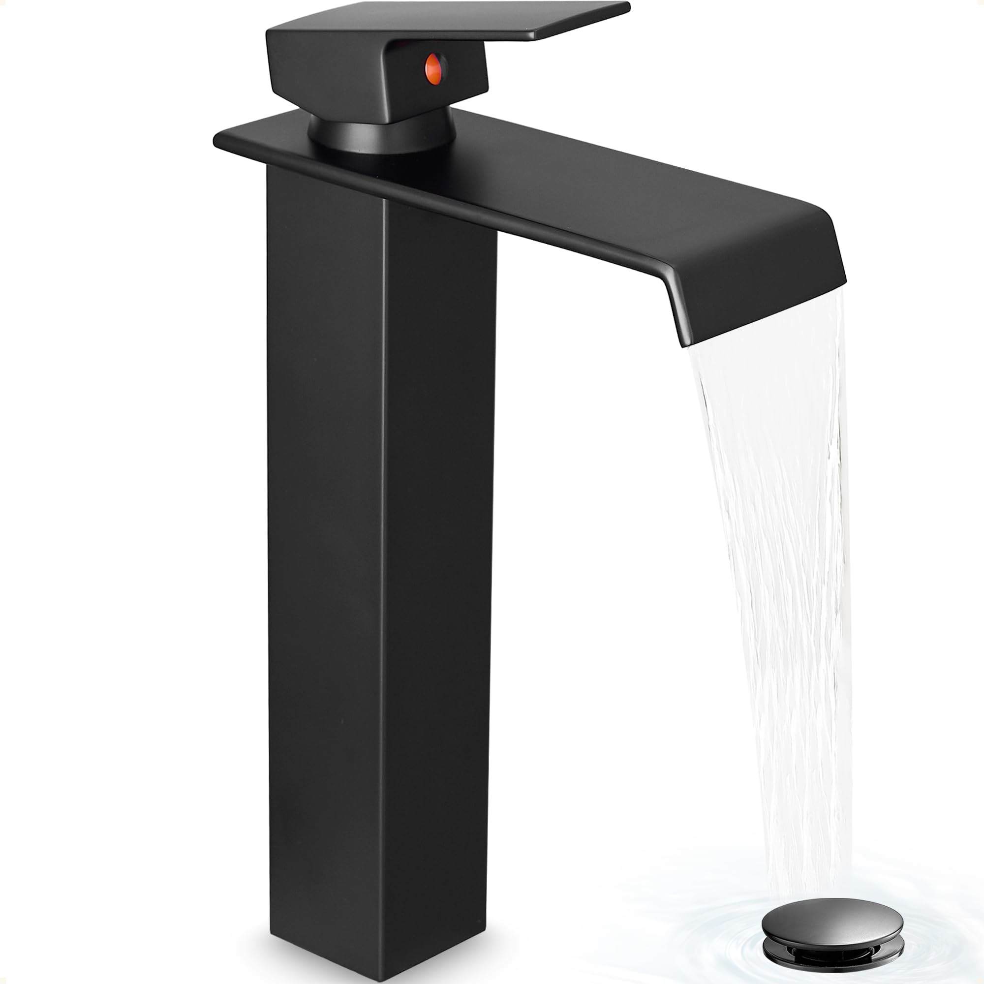 HEYMYTAP Brass Vessel Sink Faucet Black Waterfall Bathroom Faucet 1 Hole, Tall Bathroom Sink Faucet Single Handle, Modern Bathroom Faucets for Vessel Sinks with Pop Up Drain and Supply Hoses