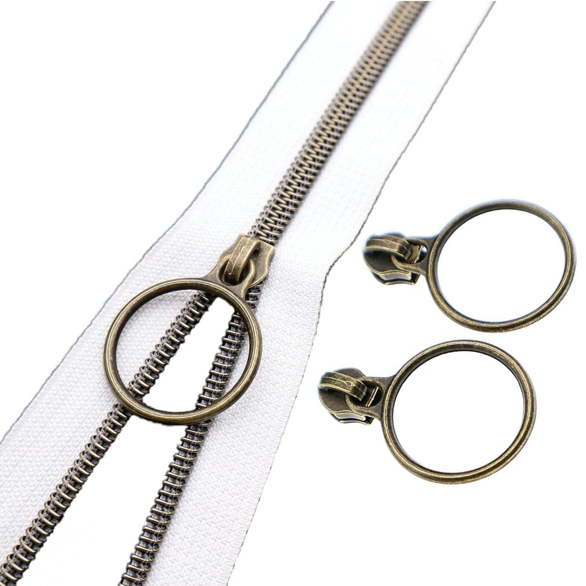 Leekayer #5 Antique Brass Metallic Nylon Coil Zippers by the Yard Bulk 10 Yards White Zipper Tape with 25pcs Antique Brass Ring Pull Sliders for DIY
