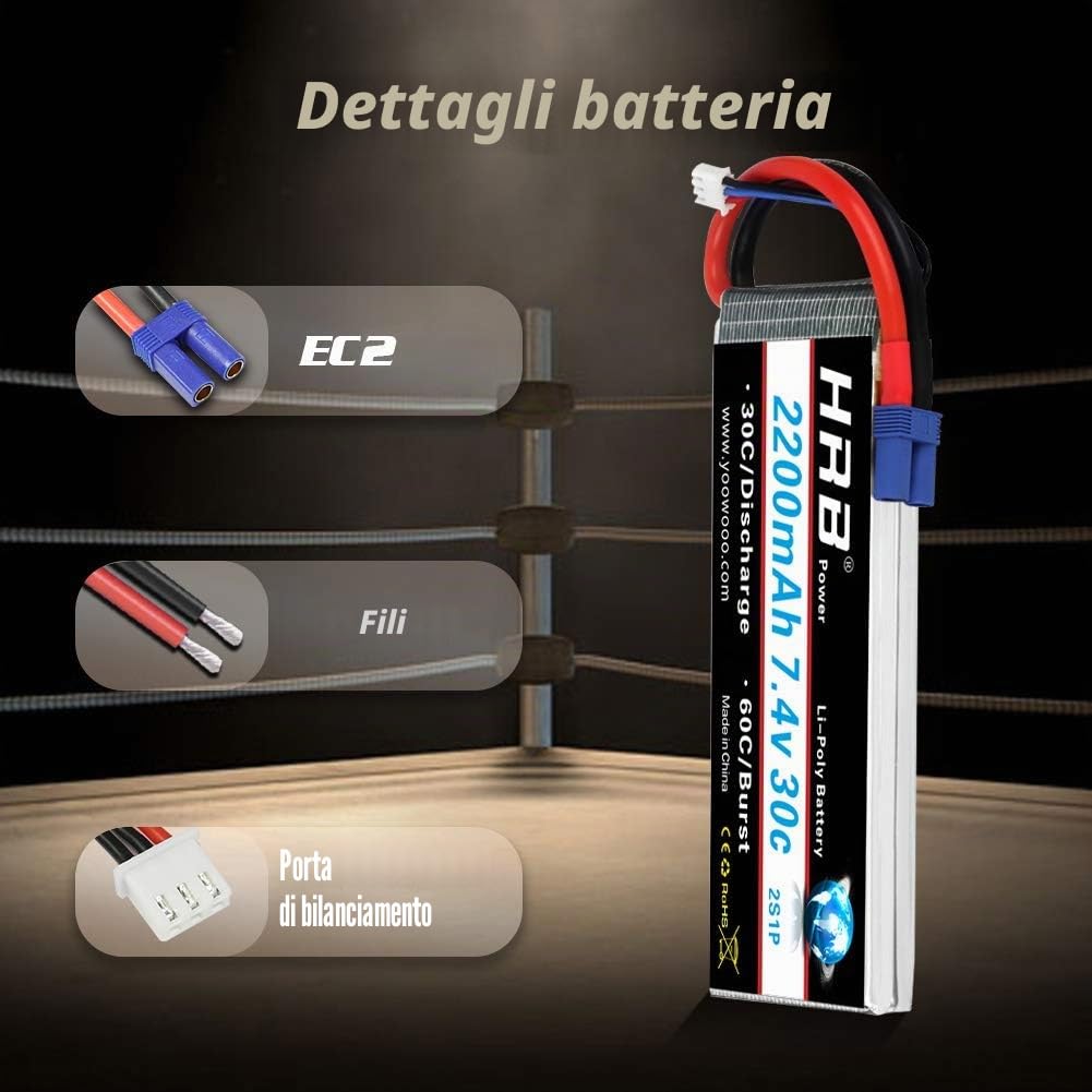 HRB 7.4V 2200mAh 30C 2S Lipo Batterie con connettore EC2 per H501S 4-xis RC Auto RC Elicottero/Airplane/Hobby/Barca/Truck (7.4v 2200mah EC2)