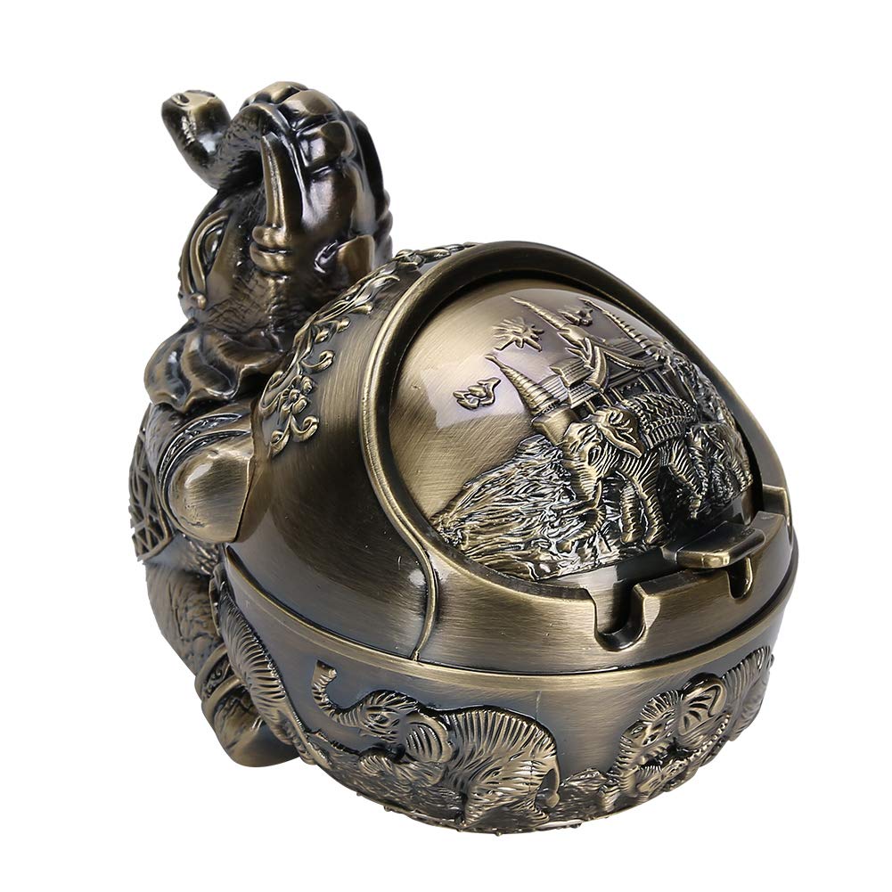 Zinc Alloy Ashtray, Non‑Slip Retro Windproof Ashtray with Lid, Decorative Embossed Styling Embossed Deocration for Home Office