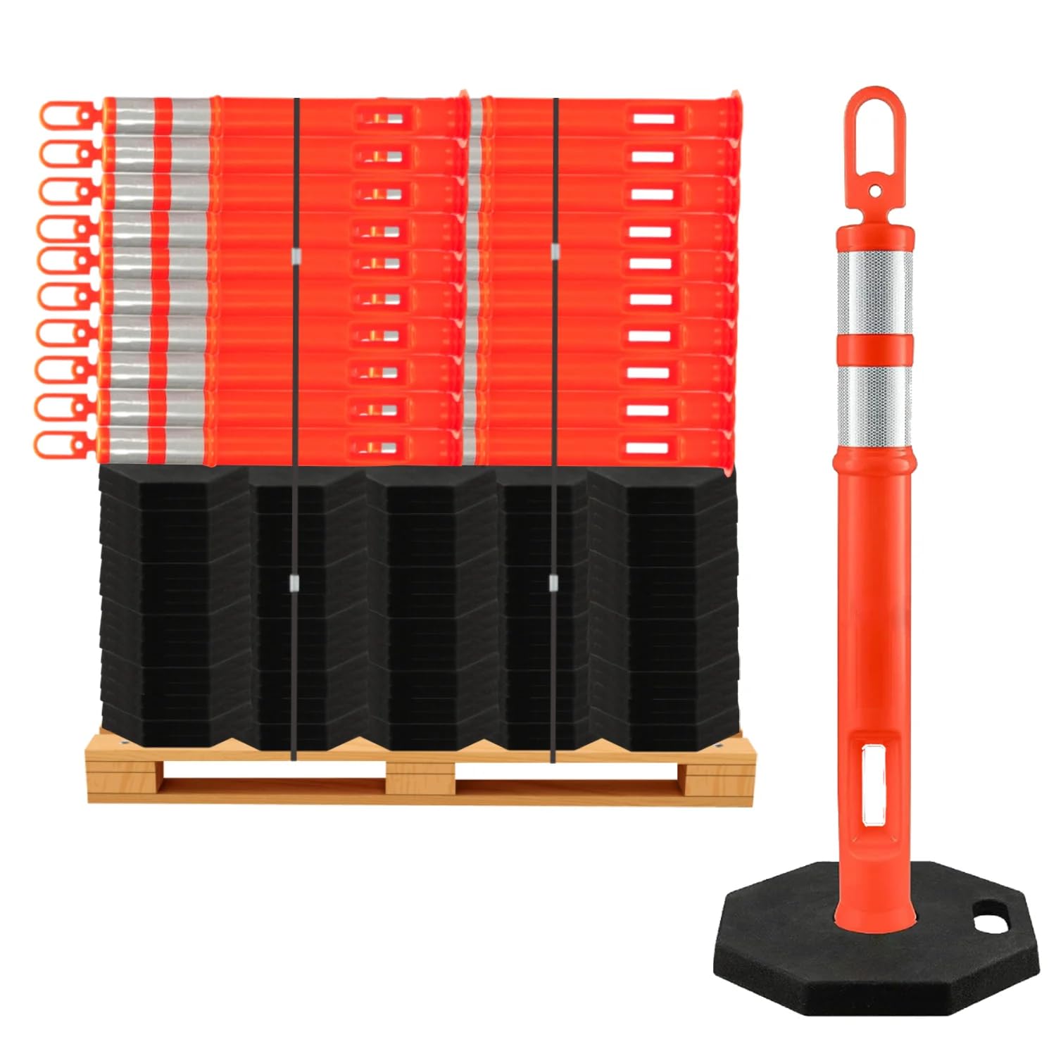 Traffic Kontrol 45” Orange Traffic Delineator Post Kit - Pack of 60 with 12 lbs Rubber Black Bases & Two Reflective Collars - for Industrial Safety,