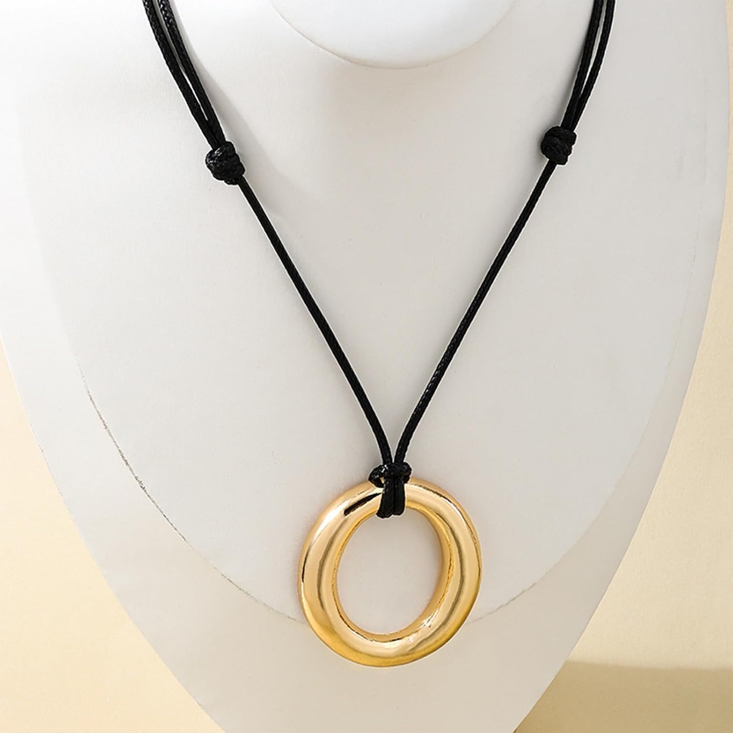 Gold Pendant Necklace for Women Adjustable Black Cord Organic Oval Charm Boho Statement Jewelry Gifts image 4