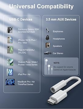 USB-C to 3.5mm Audio Headphone Adapter - HiFi 300 Pack Compatible with Apple iPhone 17 16 15 Samsung Galaxy S25 S24 S23 S22 S21 Plus Pro Max Ultra Pixel iPad - Type C to Aux Cord Jack Dongle Adapter