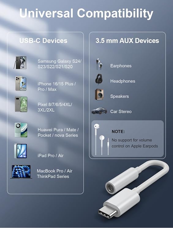 USB-C to 3.5mm Audio Headphone Adapter - HiFi 300 Pack Compatible with Apple iPhone 17 16 15 Samsung Galaxy S25 S24 S23 S22 S21 Plus Pro Max Ultra Pixel iPad - Type C to Aux Cord Jack Dongle Adapter