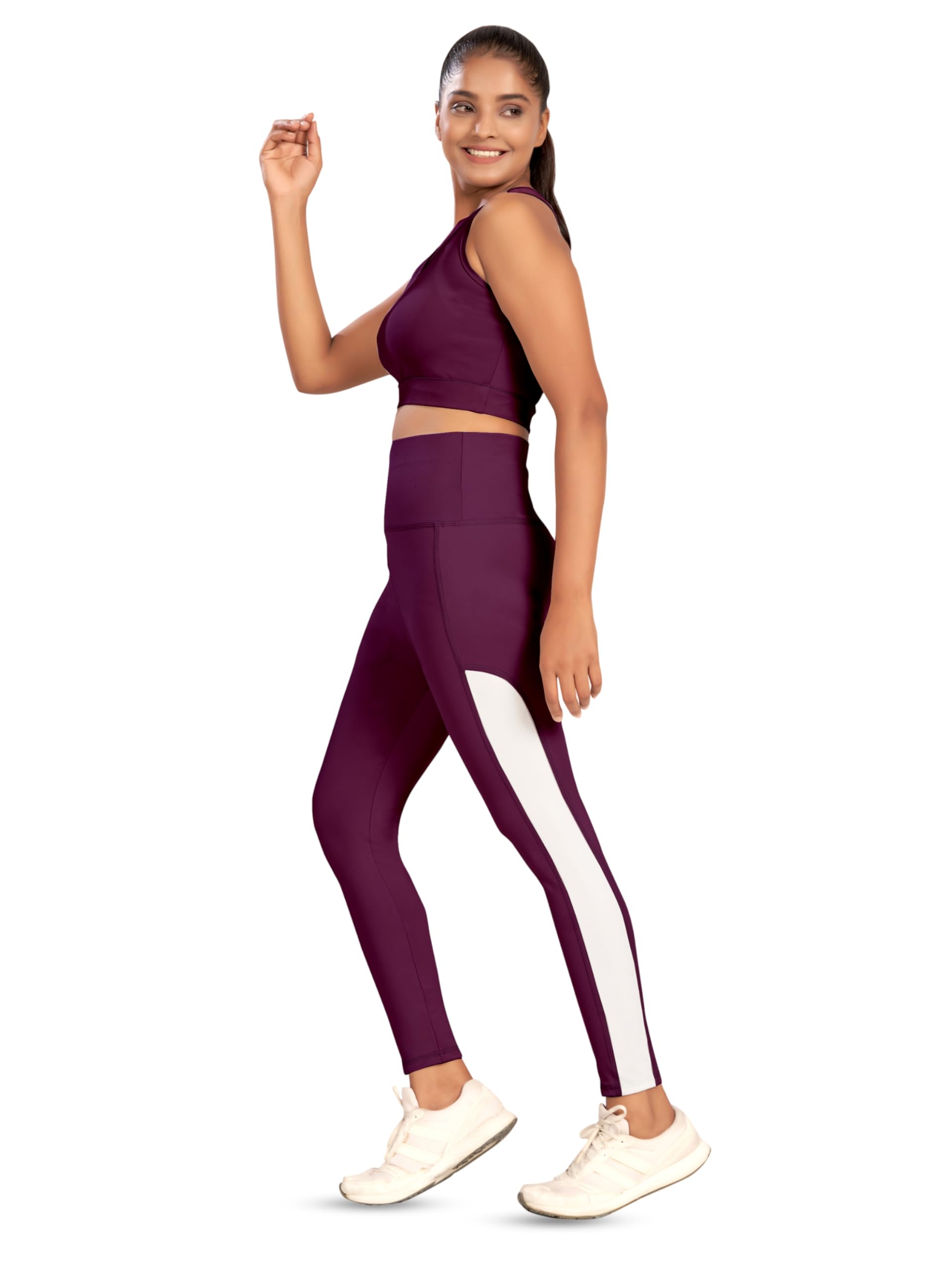 poojaran saree Women's Gym wear Top Leggings Set With Side Patti|Solid Track Suit for Women's | High Sports Workout Wear Set | Polyester Blend Gym wear Top Bottom Set | Gymwear Cord set-picture-25