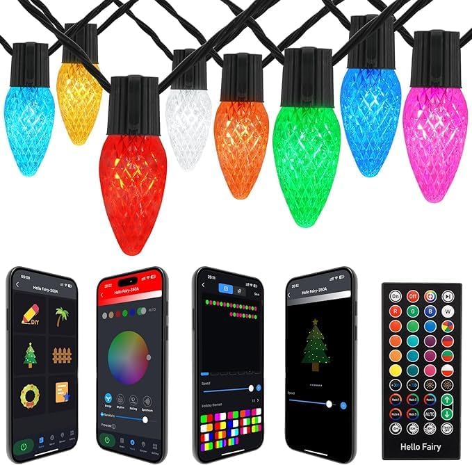 Gemce Smart C9 Christmas Outdoor Lights, 197FT 200 LEDs, APP Remote Controlled RGB String Lights, DIY Chasing Xmas Lights, Color Changing with Timer &amp; Music Sync for Holiday Xmas Tree Decoration