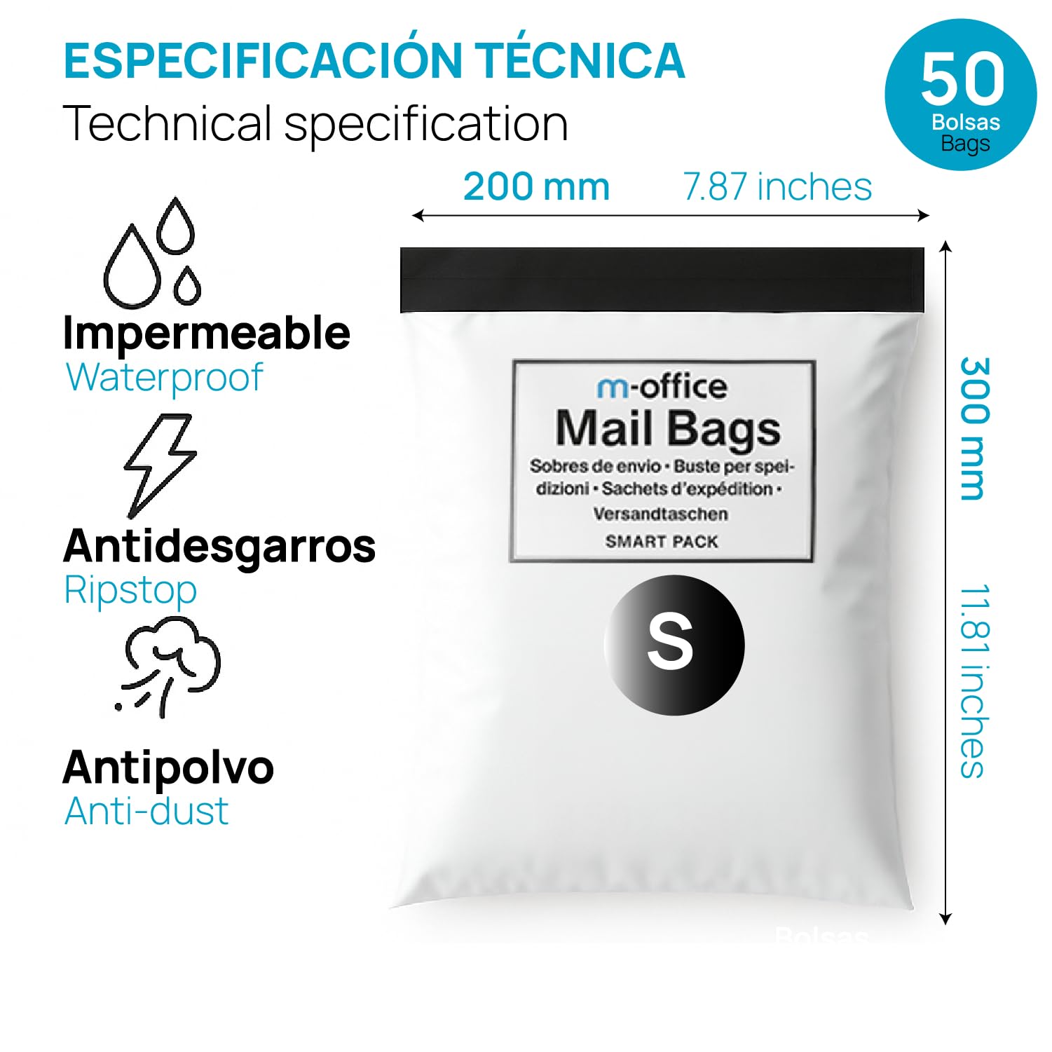 m-office Bolsa Envío 50 uds S (200×250+50 mm) – Sobres envíos | Bolsas Ropa vinted | Embalaje Paquetes Shipping Bags | Envíos Online
