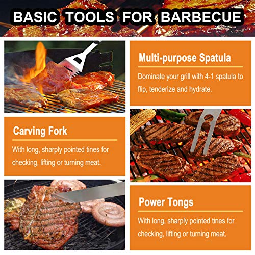 grilljoy 20PCS Heavy Duty BBQ Grill Tools Set - Extra Thick Stainless Steel Spatula, Fork& Tongs - Complete Barbecue Accessories Kit in Aluminum Storage Case - Perfect Grill Gifts for Men - Thumbnail 4