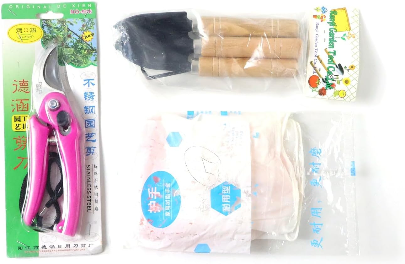 Garden Tool Set with Pruning Shears | 3-Piece Mini Hand Tools with Wooden Handles & Pink Gloves | Indoor Gardening Kit