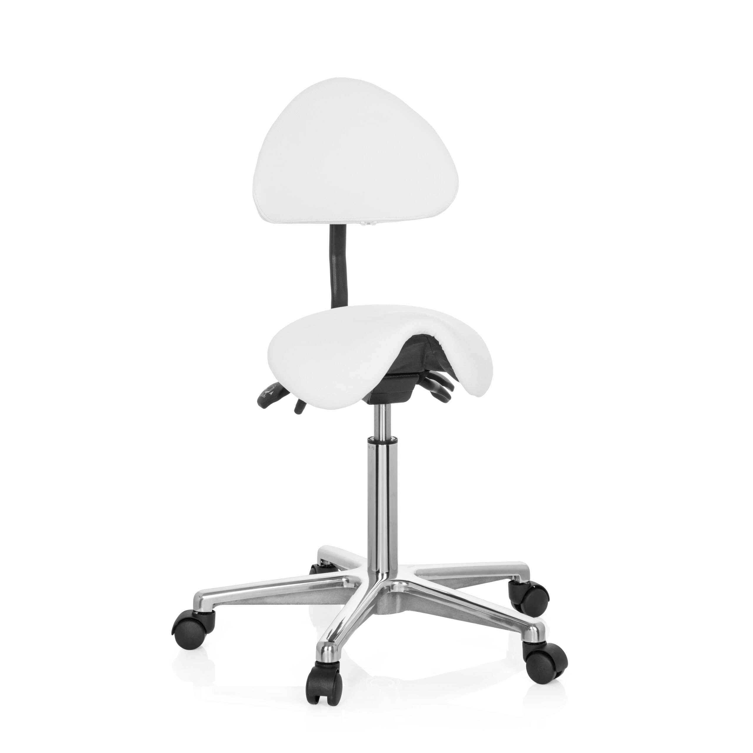hjh OFFICE 608900 Arbeitshocker mit Lehne TOP Work 20 PU Weiß Sattelhocker mit Rollen höhenverstellbar, neigbar
