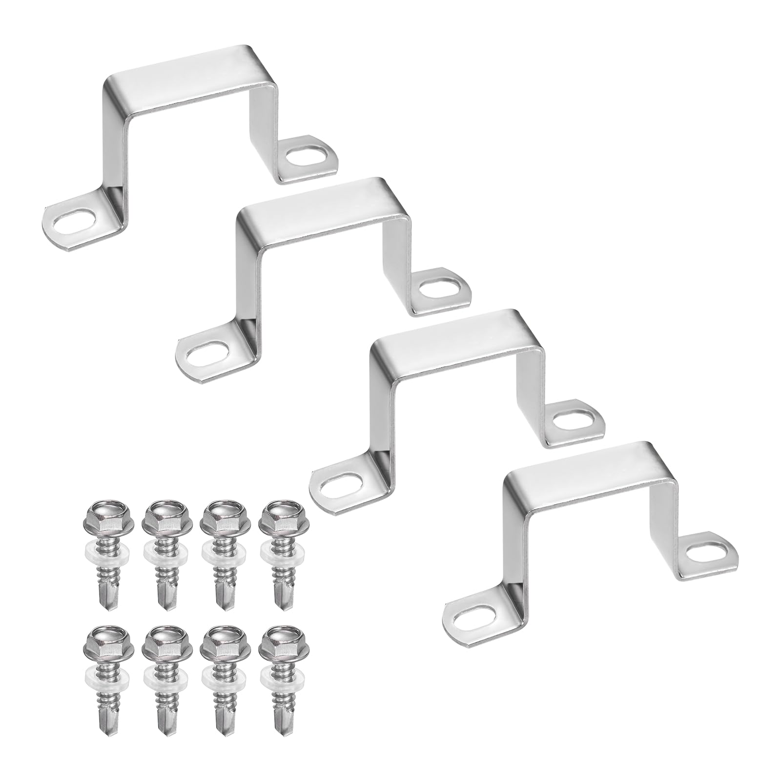 sourcing map 4set U Shaped Connector Bracket 40x40mm 304 Stainless Steel Square Pipe Clamp with Self Tapping Screw Square Tube Buckle for Pipe Hose Cable Automotive Parts, Silver