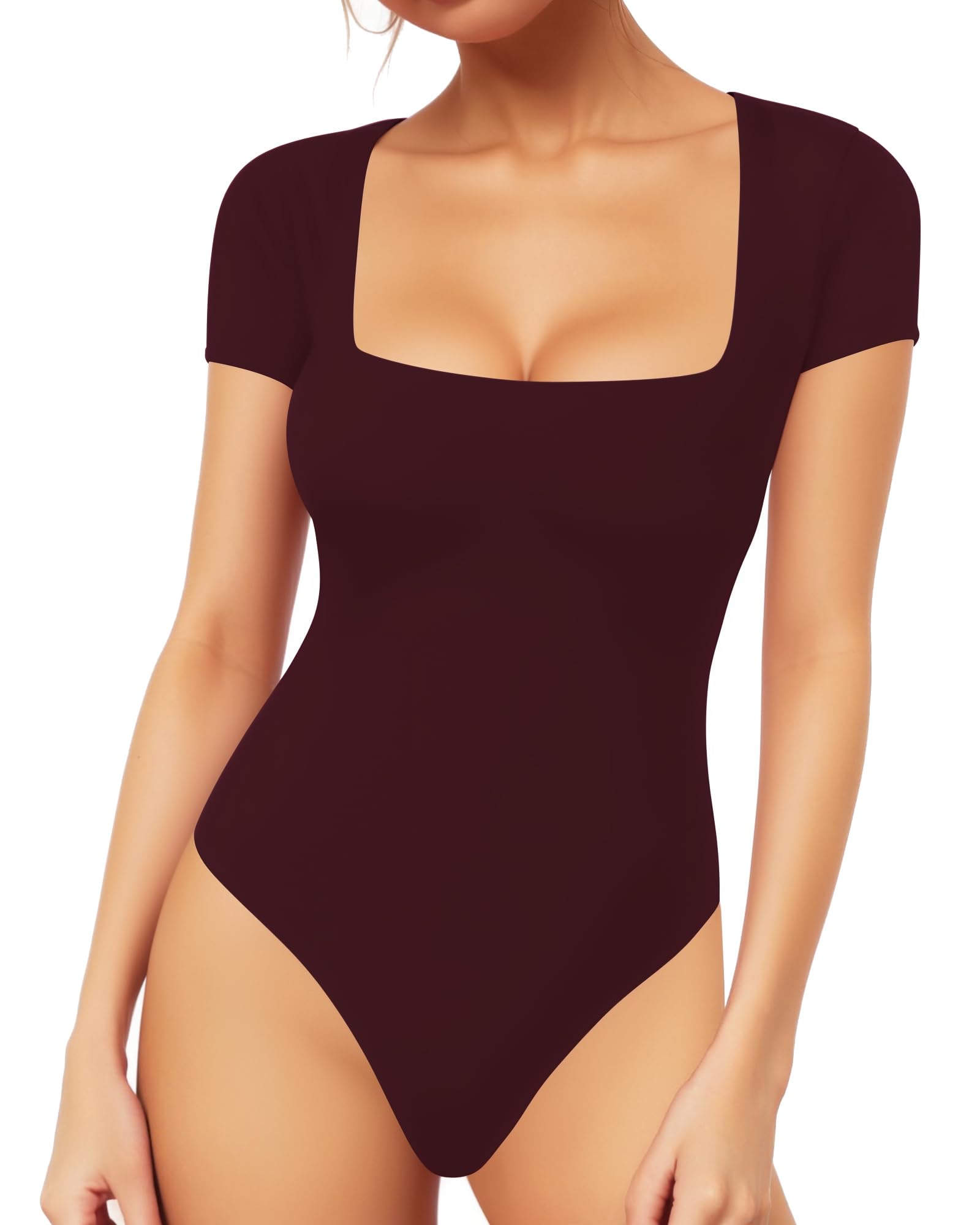 MANGOPOP Women's Square Neck Bodysuit Shirt Long Sleeve Short Sleeve Tops