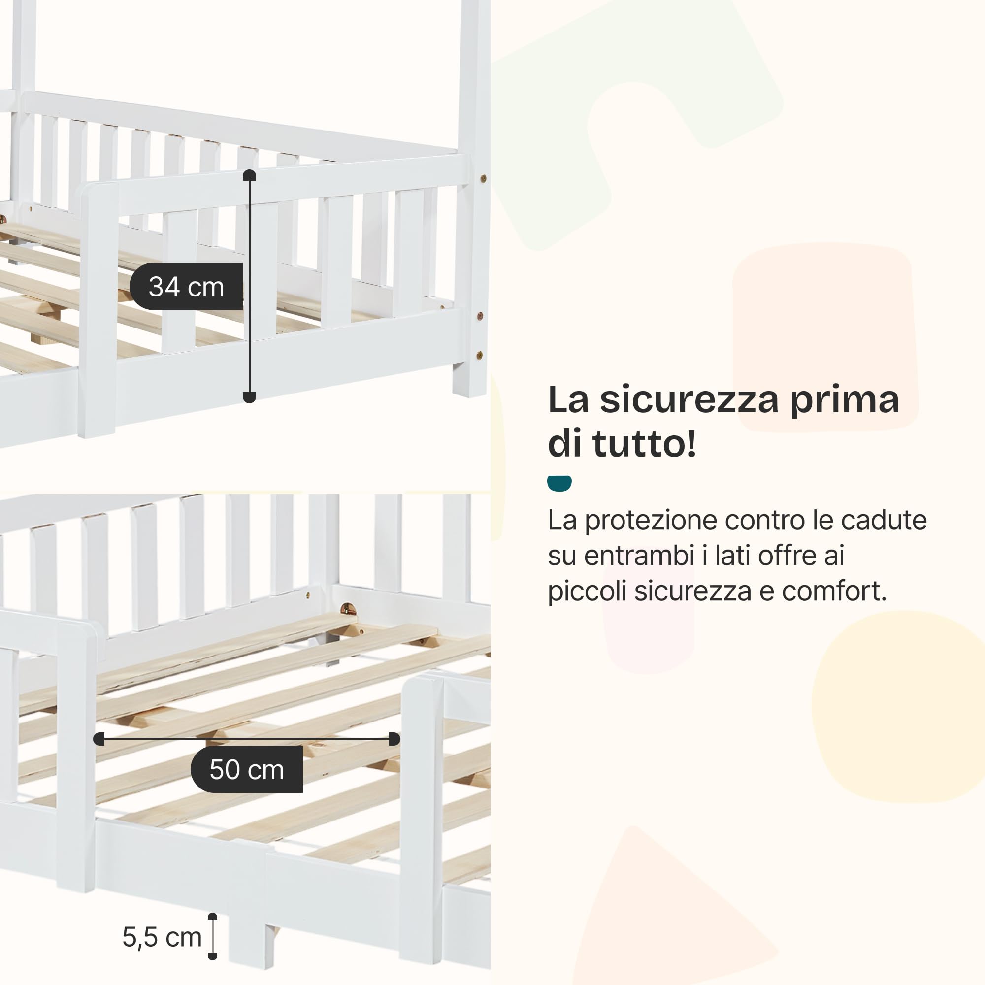 [en.casa] Letto per Cameretta a Forma di Casetta con Barriera di Protezione Letto Piazza e Mezza per Bambini Struttura in Legno di Pino 120 x 200 cm Bianco
