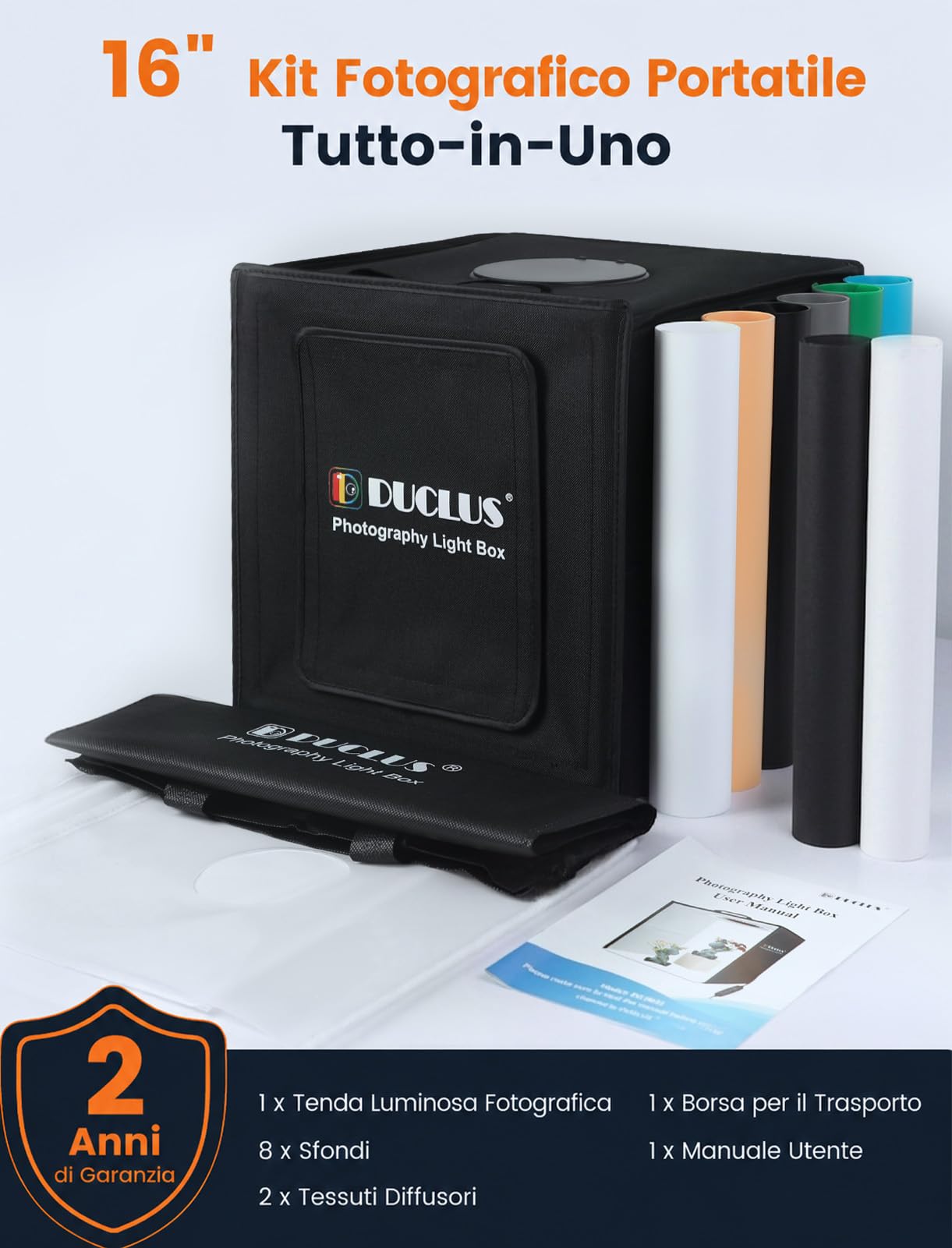 DUCLUS Lightbox 40x40 cm, Studio Fotografico Pieghevole, 5500K kit con Tenda Luminosa Dimmerabile, Illuminazione a 160 LED e 8 Sfondi per la Fotografia di Prodotti