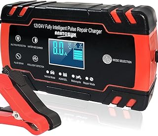 12V/24V 8Amp Car Battery Charger, Automatic Smart Battery Charger with Intelligent Charges, Repairs, Maintains Lead Acid Batteries, Car, Motorcycle, Boat Mower Battery
