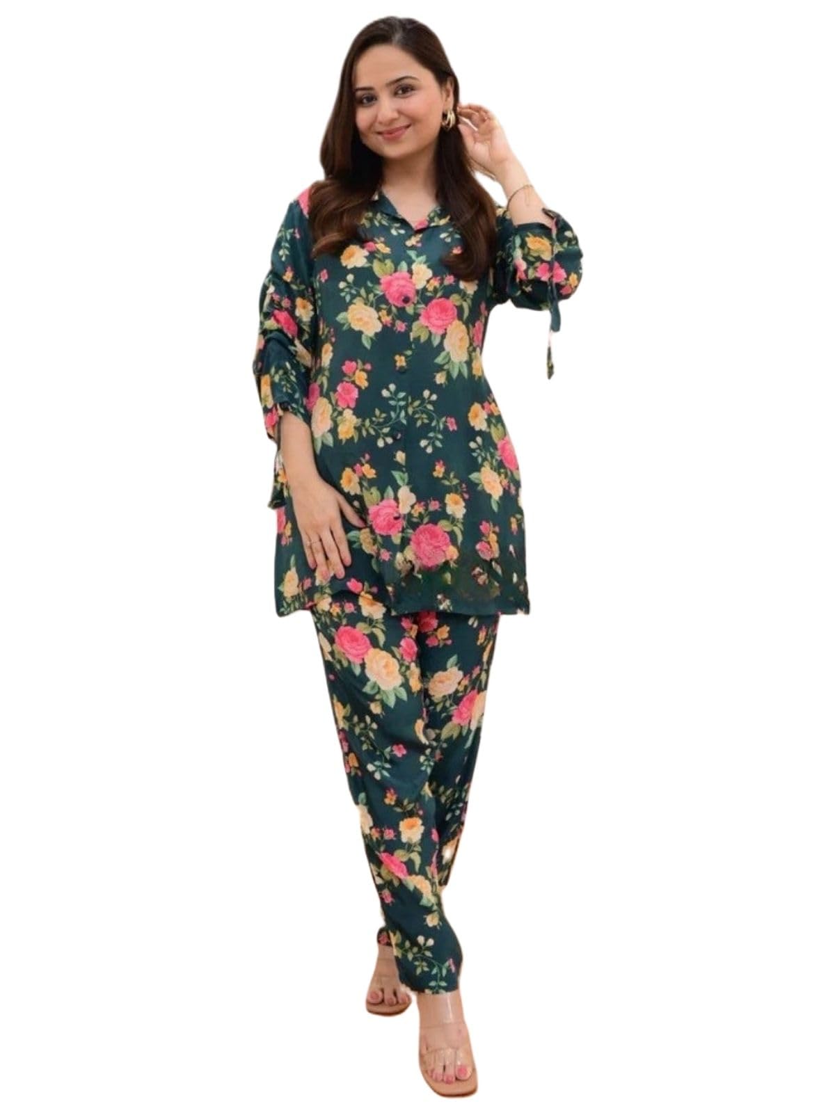 Greciilooks Rayon Floral Regular Fit Stylish Kurta Ethnic For 3/4 Sleeve Women Co-Ord Set (Gl-W1817_Green_S)