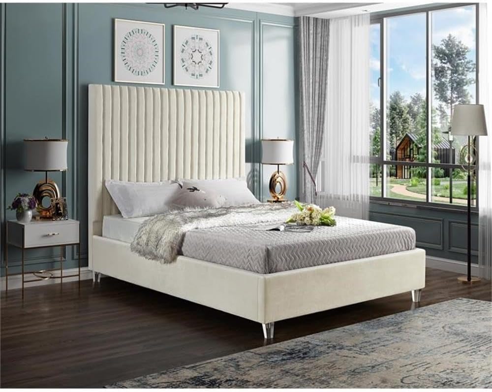 Meridian Furniture CandaceCream-K Candace Collection Modern | Contemporary Velvet Upholstered King Bed, Cream Velvet Fabric, Deep Channel Tufting, Acrylic Legs, 80" W x 86" D x 65" H, Cream, King