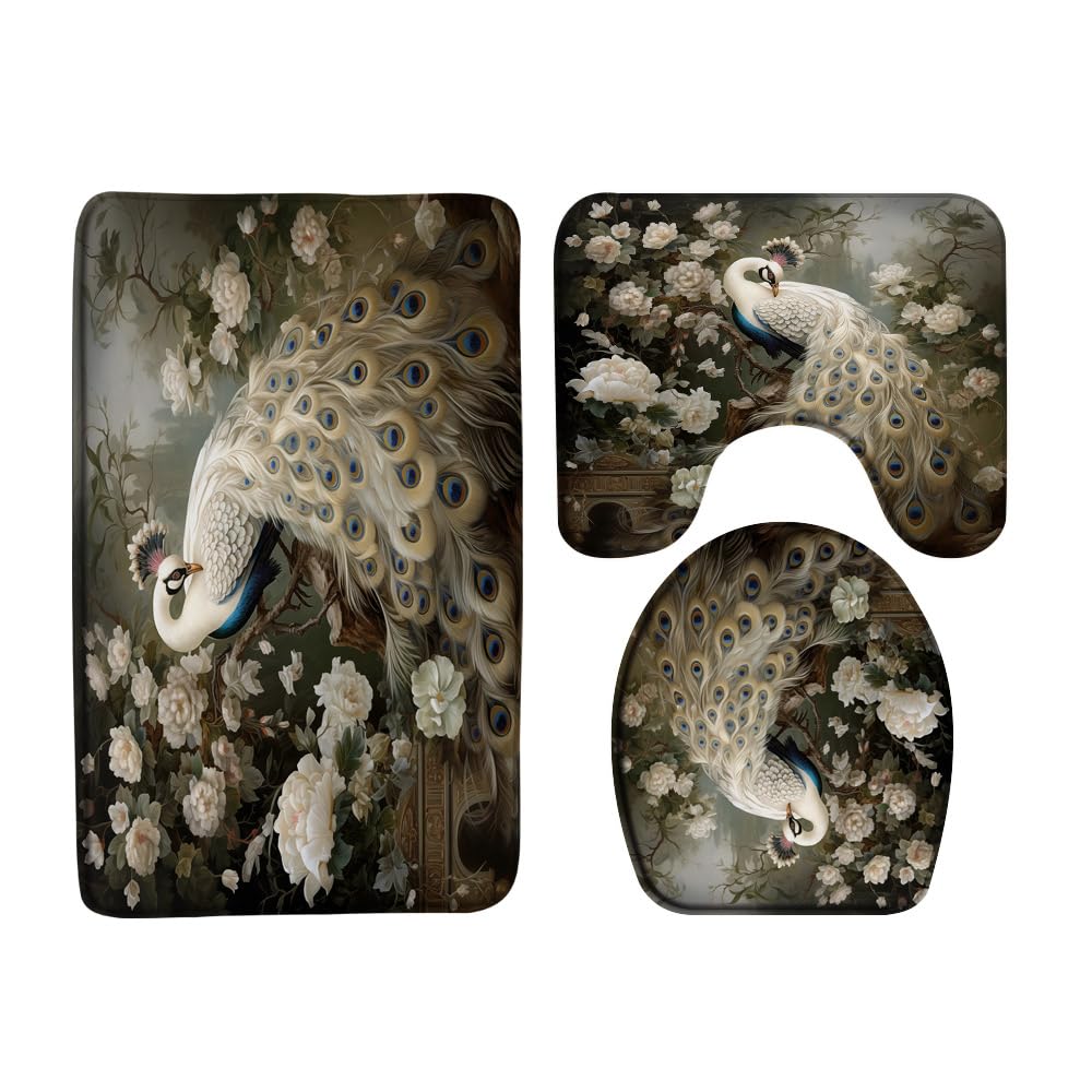 ASVEAS 3pcs Vintage Peacock Bath Mat Set Retro Feather Floral Plants Beautiful Birds Animals Bathtub Area Rugs Bathroom Decor(24x36 Inch)