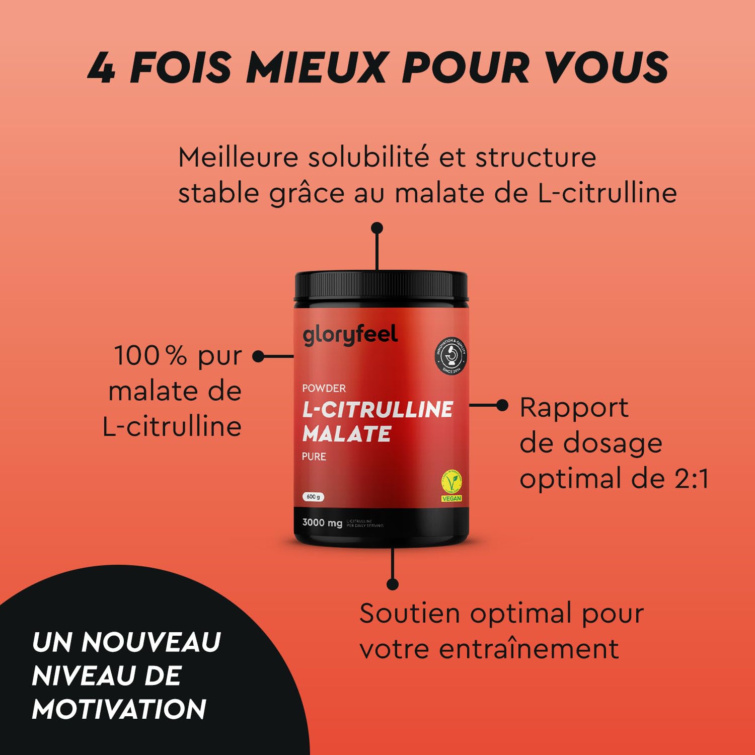 L-Citrulline Malate 2:1 en Poudre 100% Pure, Acide Aminé Hautement Dosé, 3000 mg de Citrulline par Dose Quotidienne (125 Portions), Booster Musculation et Fitness, Testé en Laboratoire, Vegan
