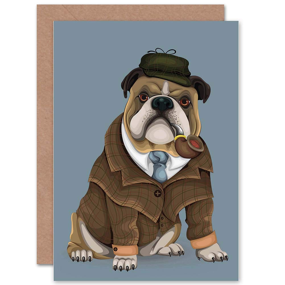 Wee Blue Coo Detective Bulldog Pet Sherlock Pipe Clothes Birthday Sealed Greeting Card Plus Envelope Blank inside