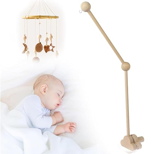 QOOWFEANIG Mobile for Crib,Baby Crib Mobile Arm 27.17inch,Strong Hold Anti Slip Attachment Clamp,Wooden Cloud Design Detachable Adjustable Holder Cute Cot Bed Bell Wind Chimes Hanger Bracket
