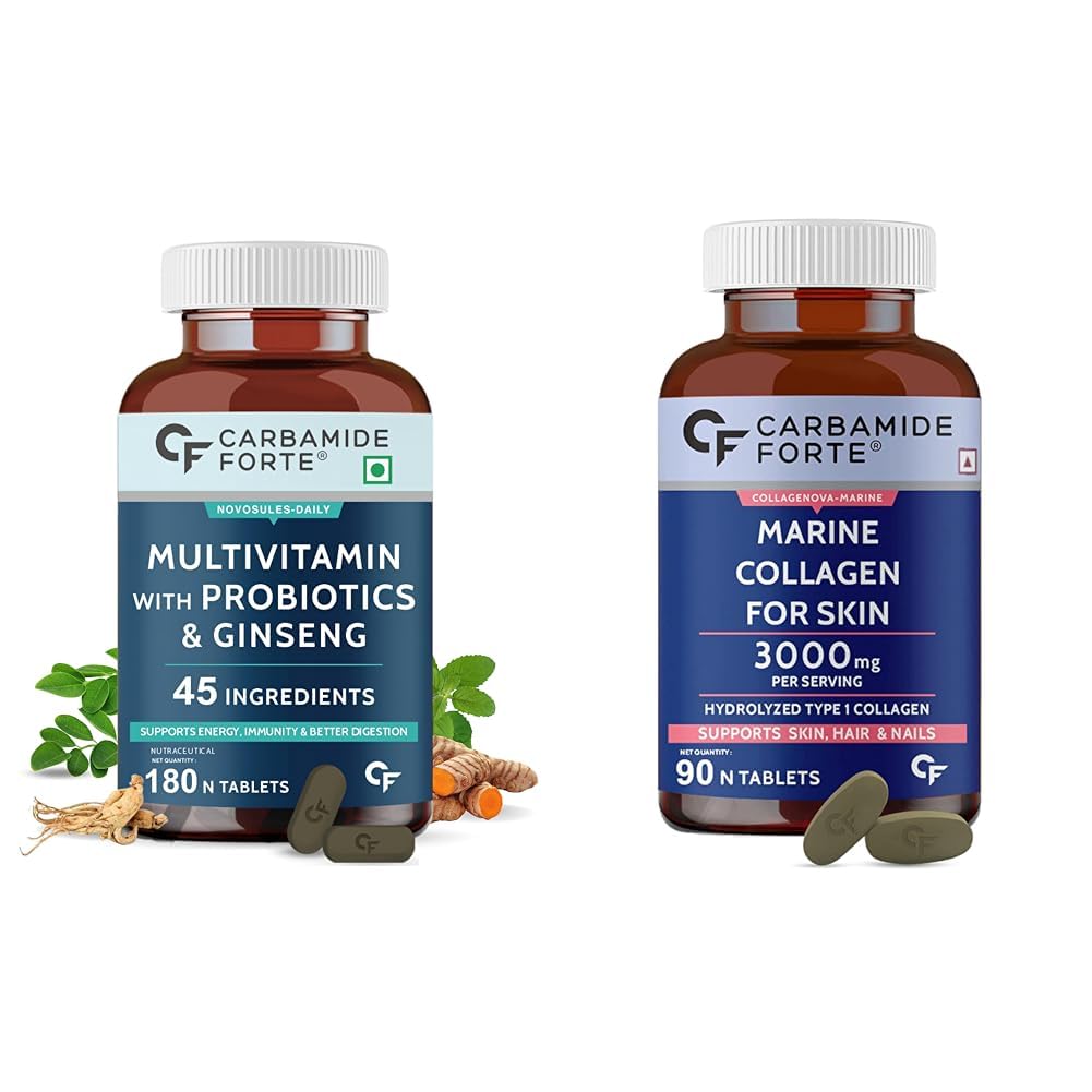 Carbamide Forte Multivitamin Tablets for Men and Women - 180 Veg Tablets & Forte Hydrolyzed Marine Collagen, 90 Tablets | Peptides 3000mg with Biotin & Hyaluronic Acid - Collagen Type 1 Powder