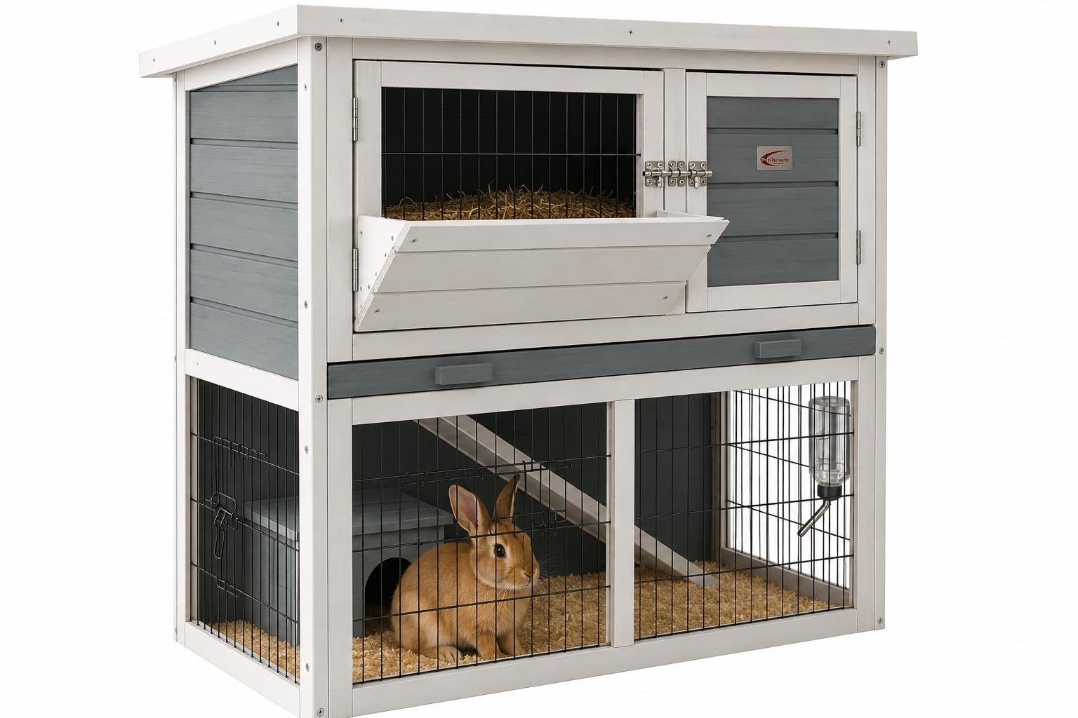 Bunny Business 2-Tier Double Decker Rabbit/Guinea Pig Hutch with Sliding Tray & Hay Rack (Grey)
