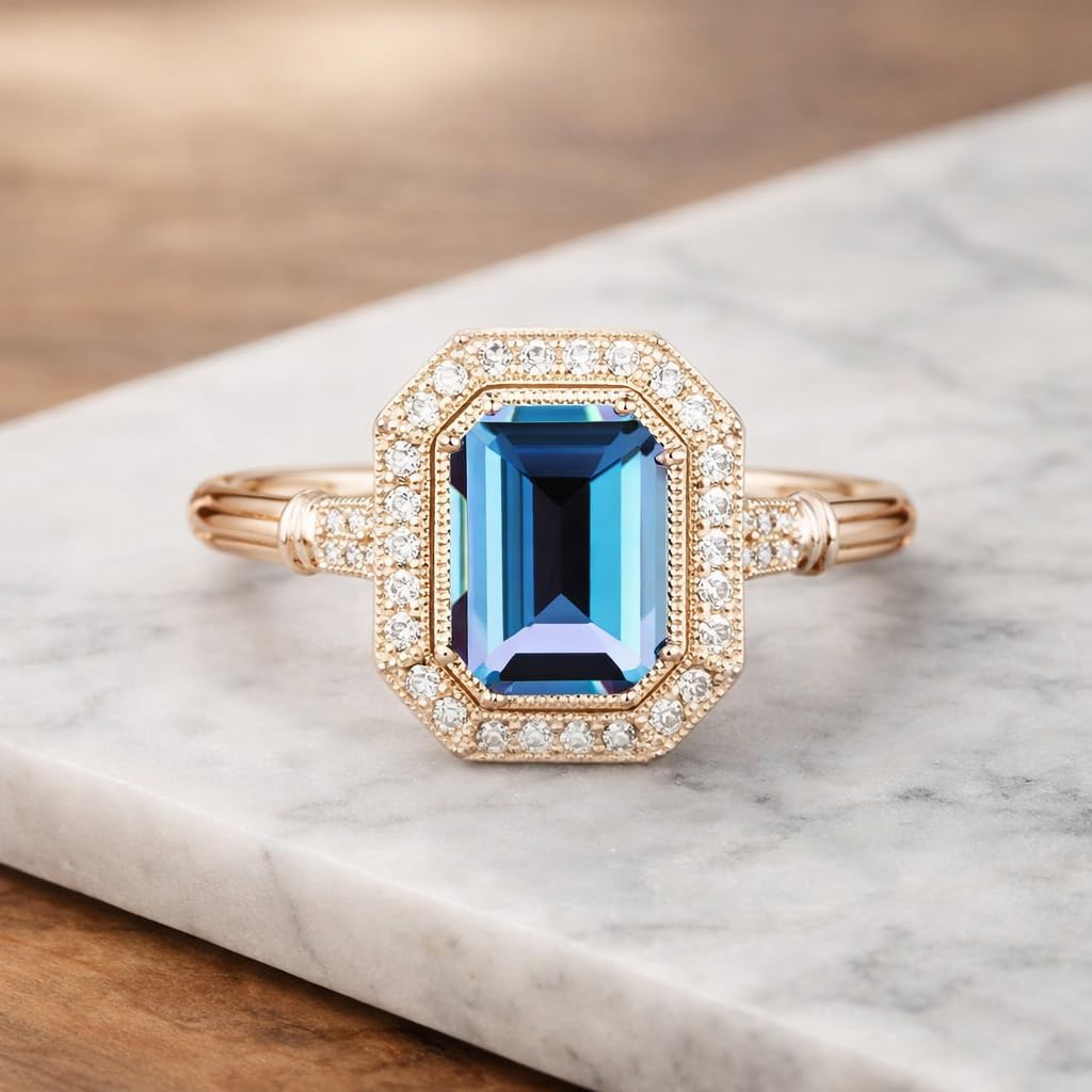 Emerald Cut Blue Topaz Engagement Ring for Women 18K Rose Gold Diamond Halo Art Deco Personalized Bridal Jewelry Gift for Wife