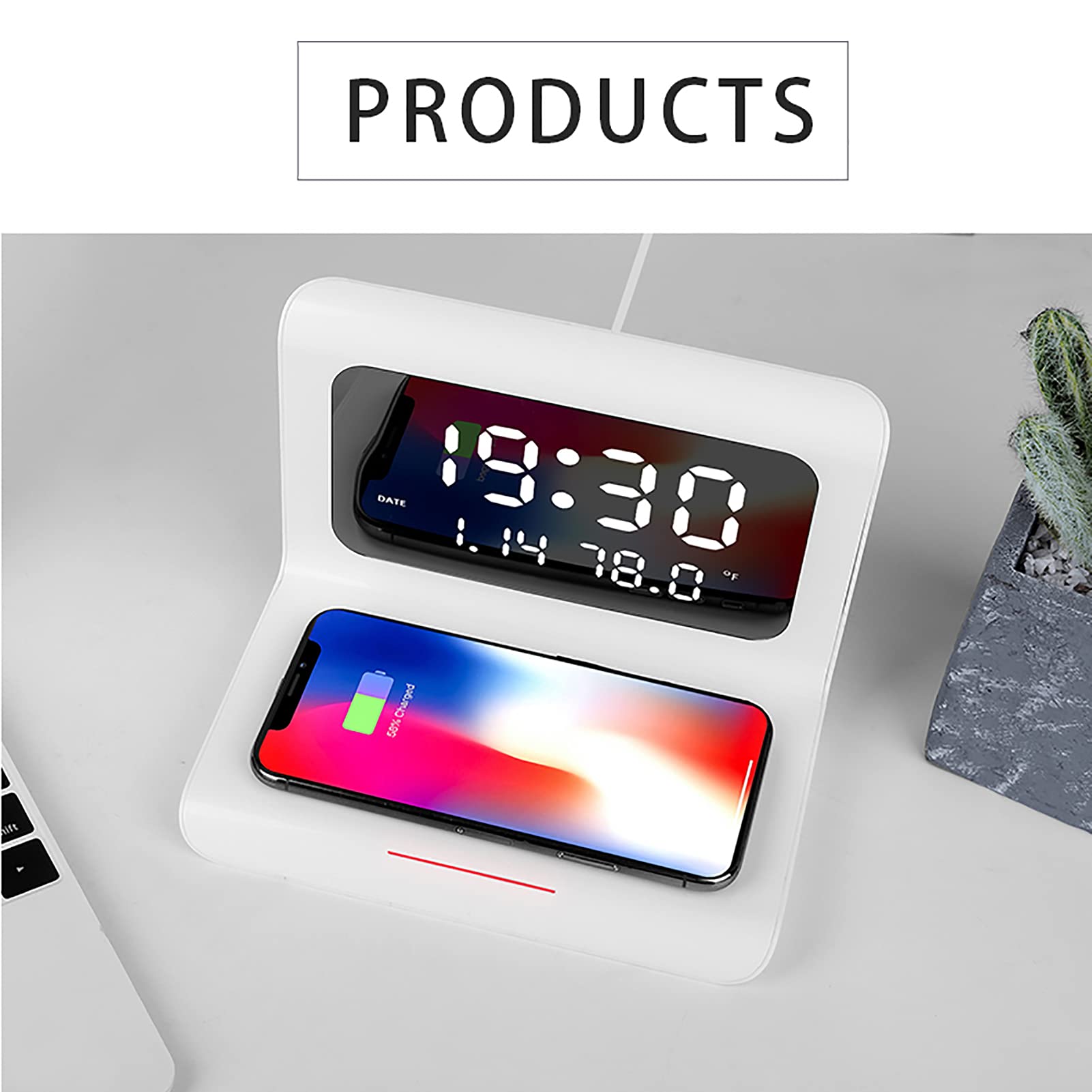 Reloj Despertador Cargador inalámbrico Pantalla LED Reloj Digital con Fecha Calendario Temperatura para el hogar Pantalla LED Grande(Blanco)