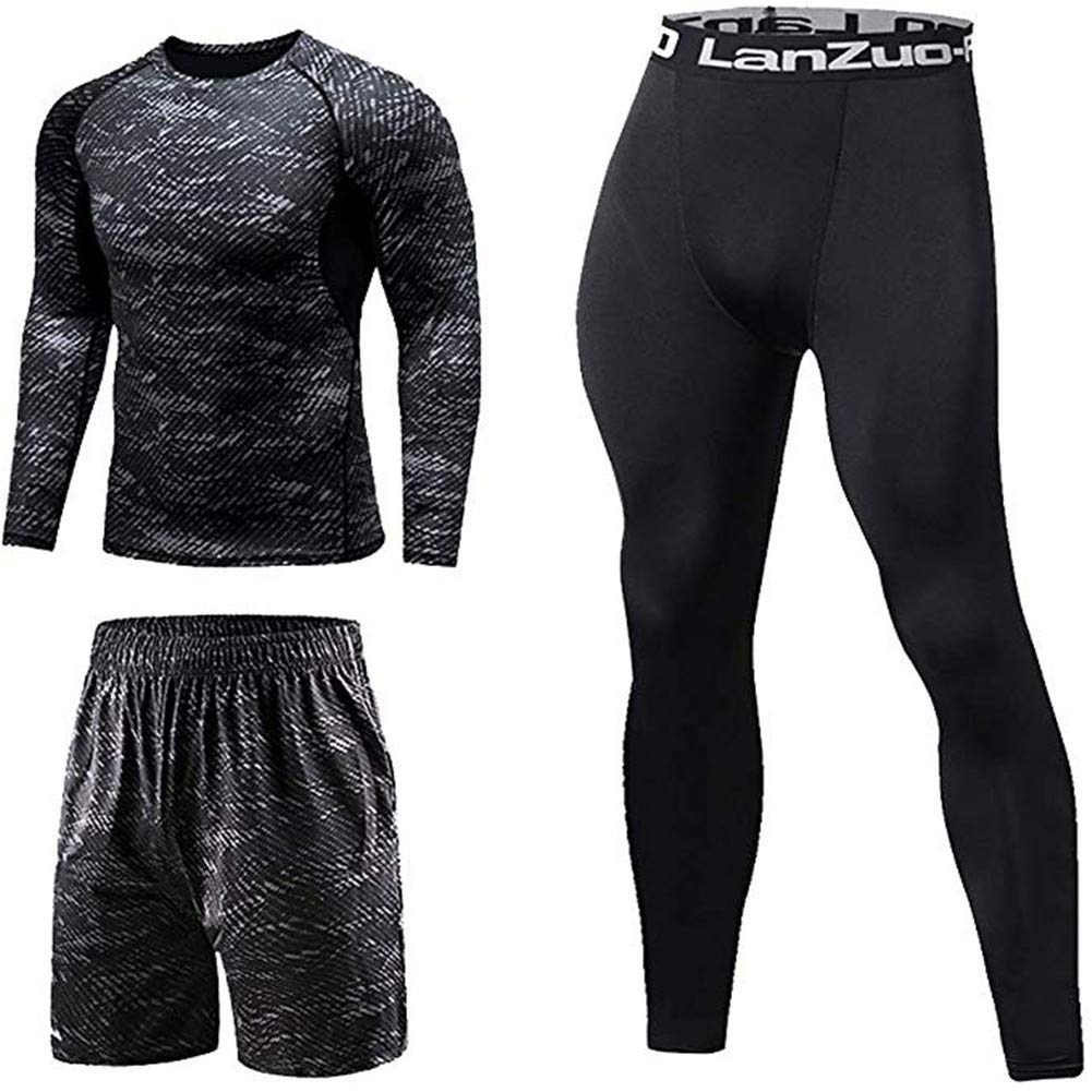 Bsadne 3 Pcs Mens Gym Running Clothes Set Compression Gym Wear Fitness Clothing Set.Running Cycling, Base Layers Tights with Loose Fitting Shorts
