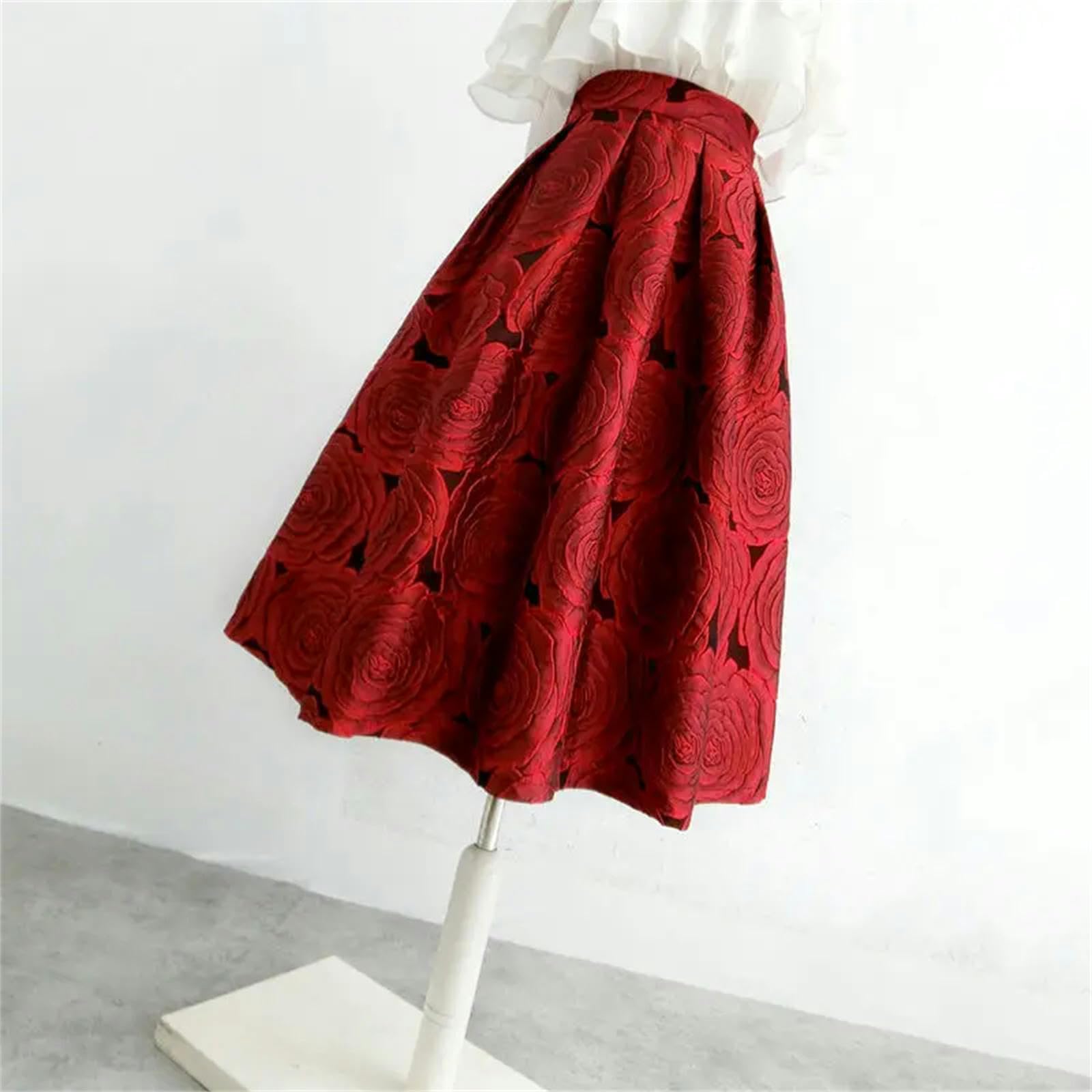 Rock Damen Frühlings- Und Herbst Retro Elegant Damen Red Retro Blumen Schöner Jacquard High Taille Long A-line Faltenrock