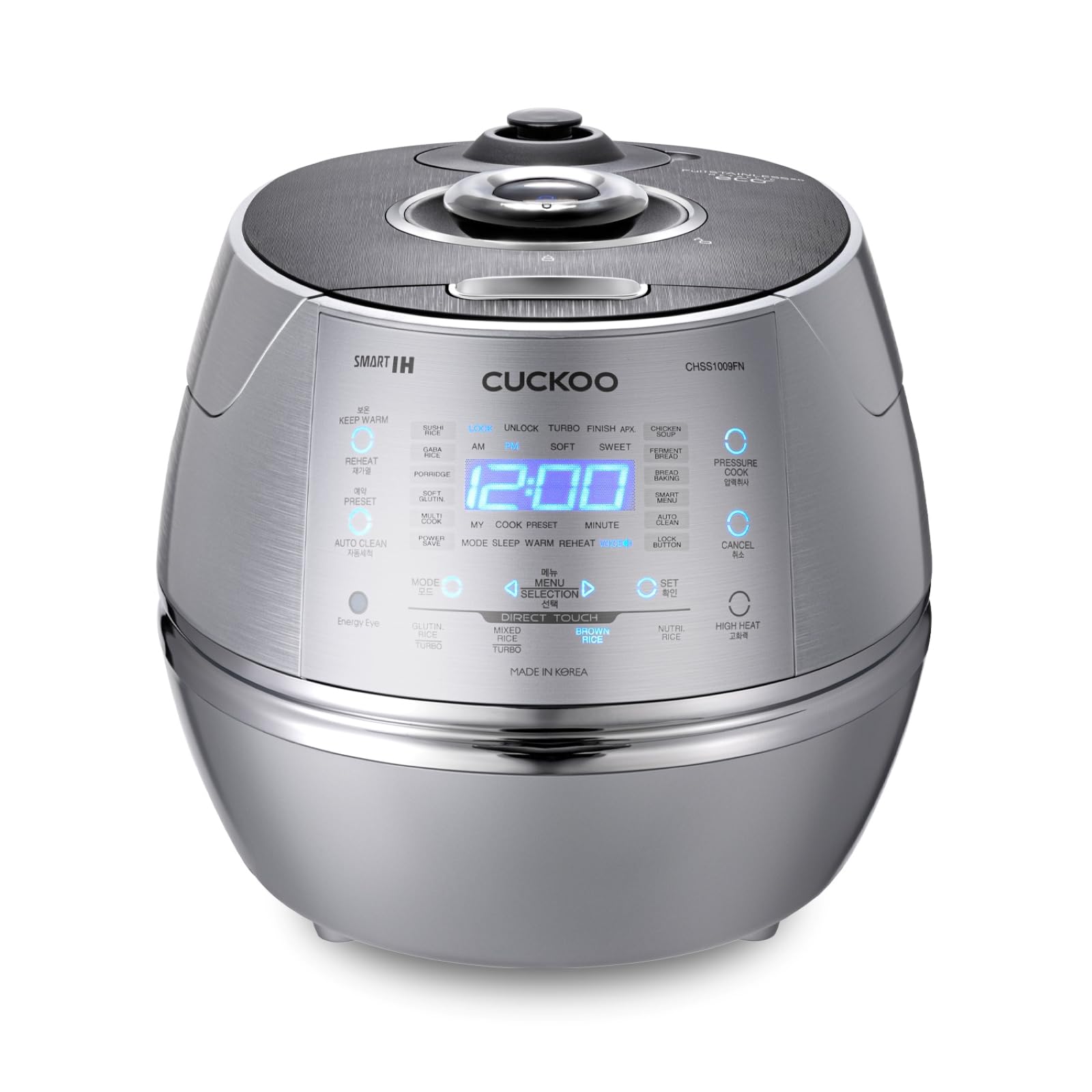 CUCKOO High Pressure Rice Cooker 10-Cup Uncooked / 20-Cup Cooked with Induction Heating Technology, Large Rice Maker with 17 Menu Options and Steam Plate, Voice Guide, Silver (CRP-CHSS1009FN)