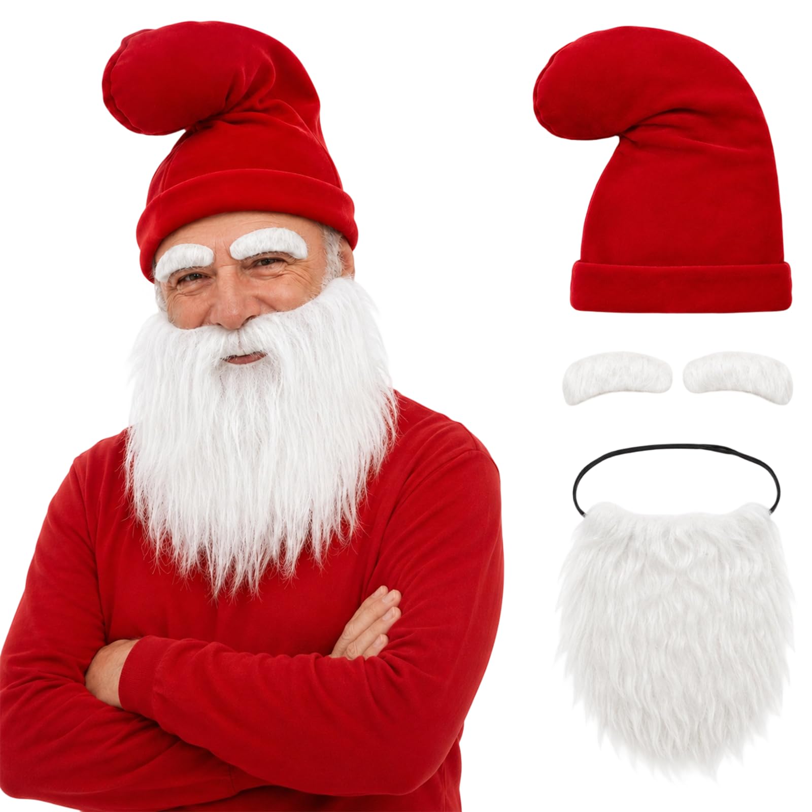 DVDVBOOM Halloween Red Gnome Hat with White Beard and Eyebrow Kit