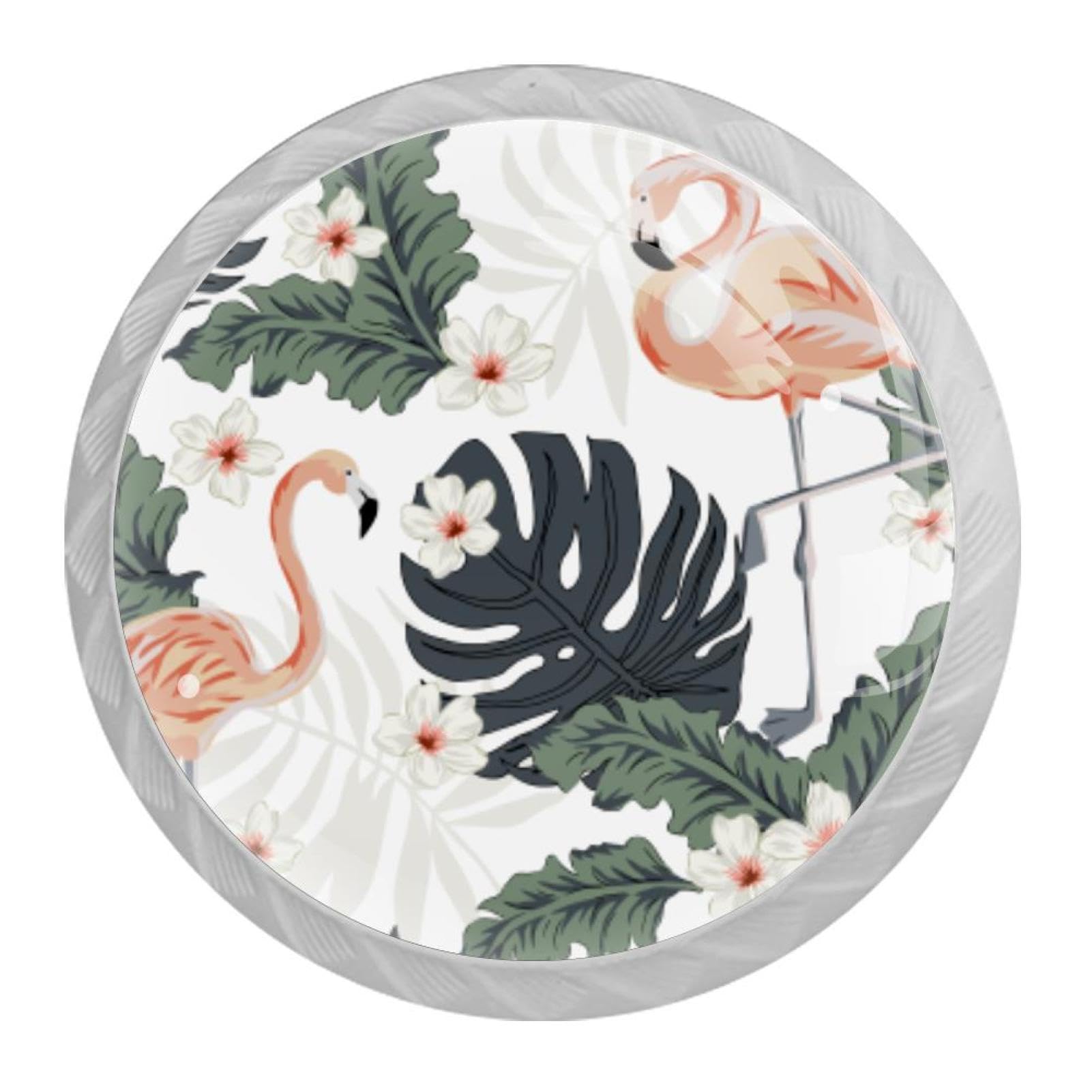 Tqmspg Multi09 4 Pieces Drawer Pulls Flamingo Tropical Flower Leaves Door Knobs Dresser Handles For Kitchen Wardrobe Cupboard Hardware Furniture
