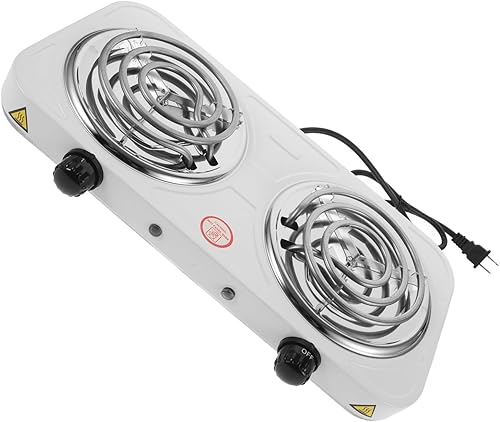 Unomor Estufa eléctrica de doble quemador para encimera, bobina de acero inoxidable, placa de cocina portátil con control de temperatura, protección