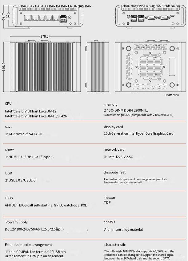 Fanless Mini PC with 5 * I226-V 2.5G LANs,Celeron J6413,NO RAM(DDR4) NO SSD(M.2 NVMe),Mini Desktop Computer Support Home Industry Business,4K HD/DP/Type-C Display,2*USB3.0,2*SATA3.0,2 RS232 COM