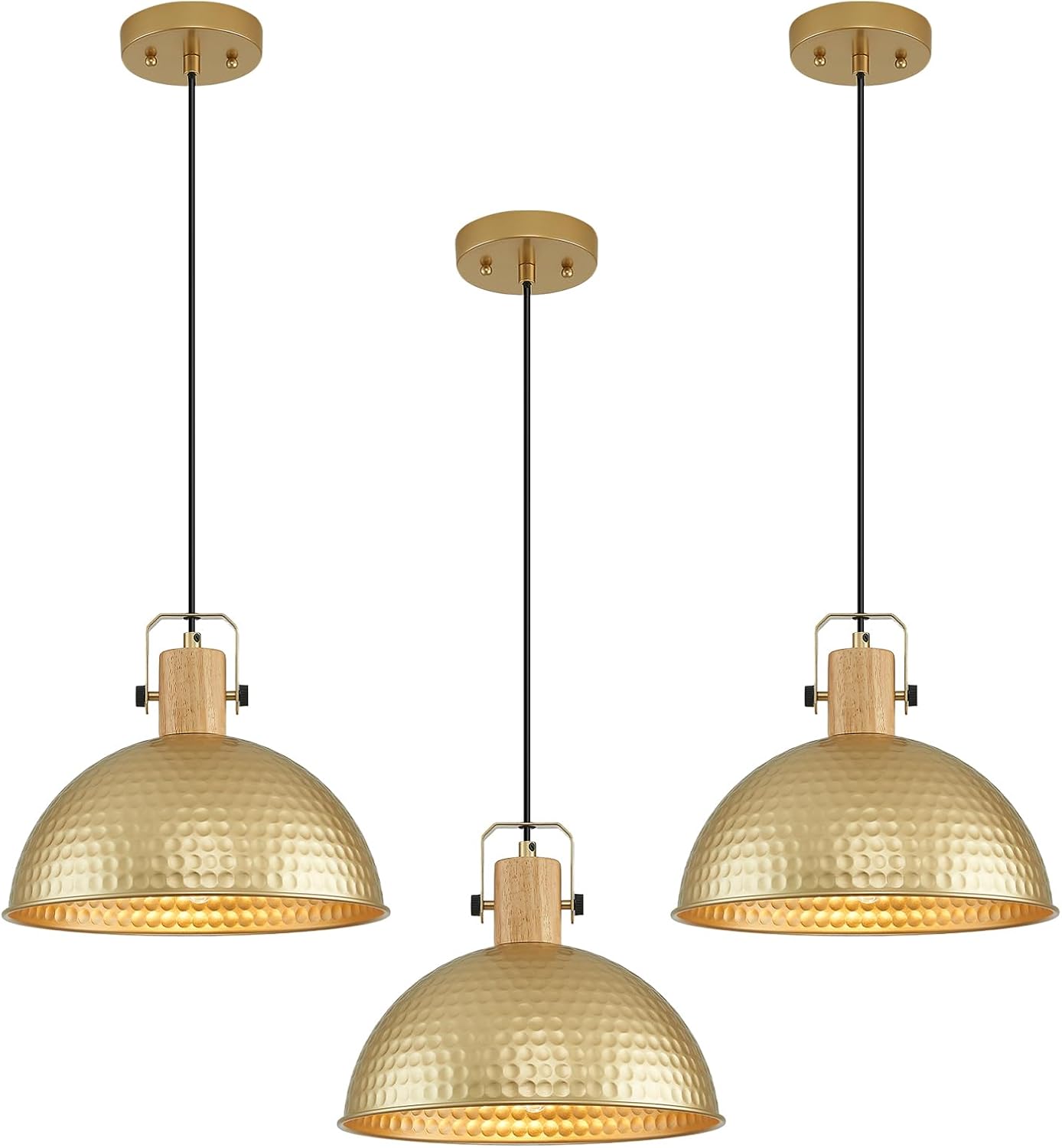 Luces colgantes doradas de 12 pulgadas, luces colgantes mate martilladas para isla de cocina, casa de campo industrial, altura ajustable, lámparas