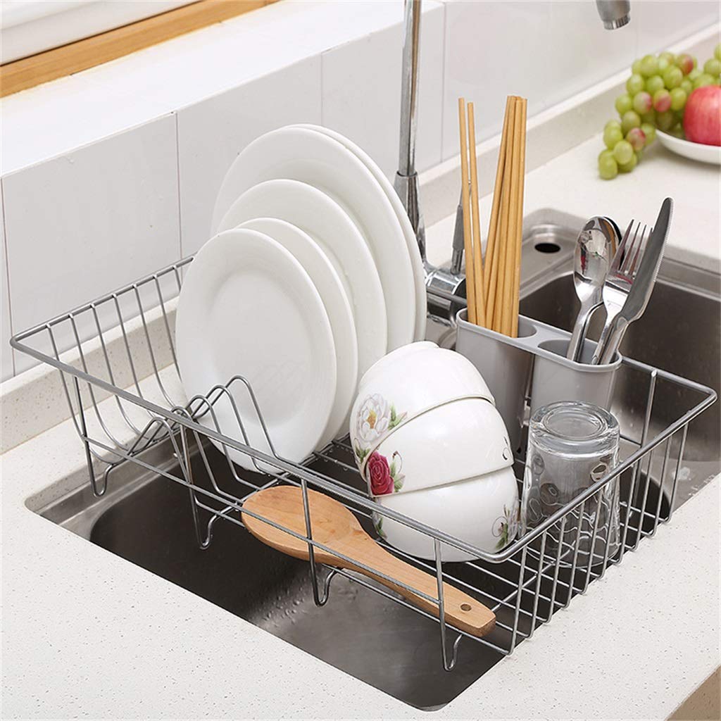 Abtropfgestell aus Edelstahl 304 Edelstahl Abtropfgestell Rack Küche Lagerregal Ablauf Wäscheständer Besteckschränke Grau 48 cm × 30 cm × 11 cm