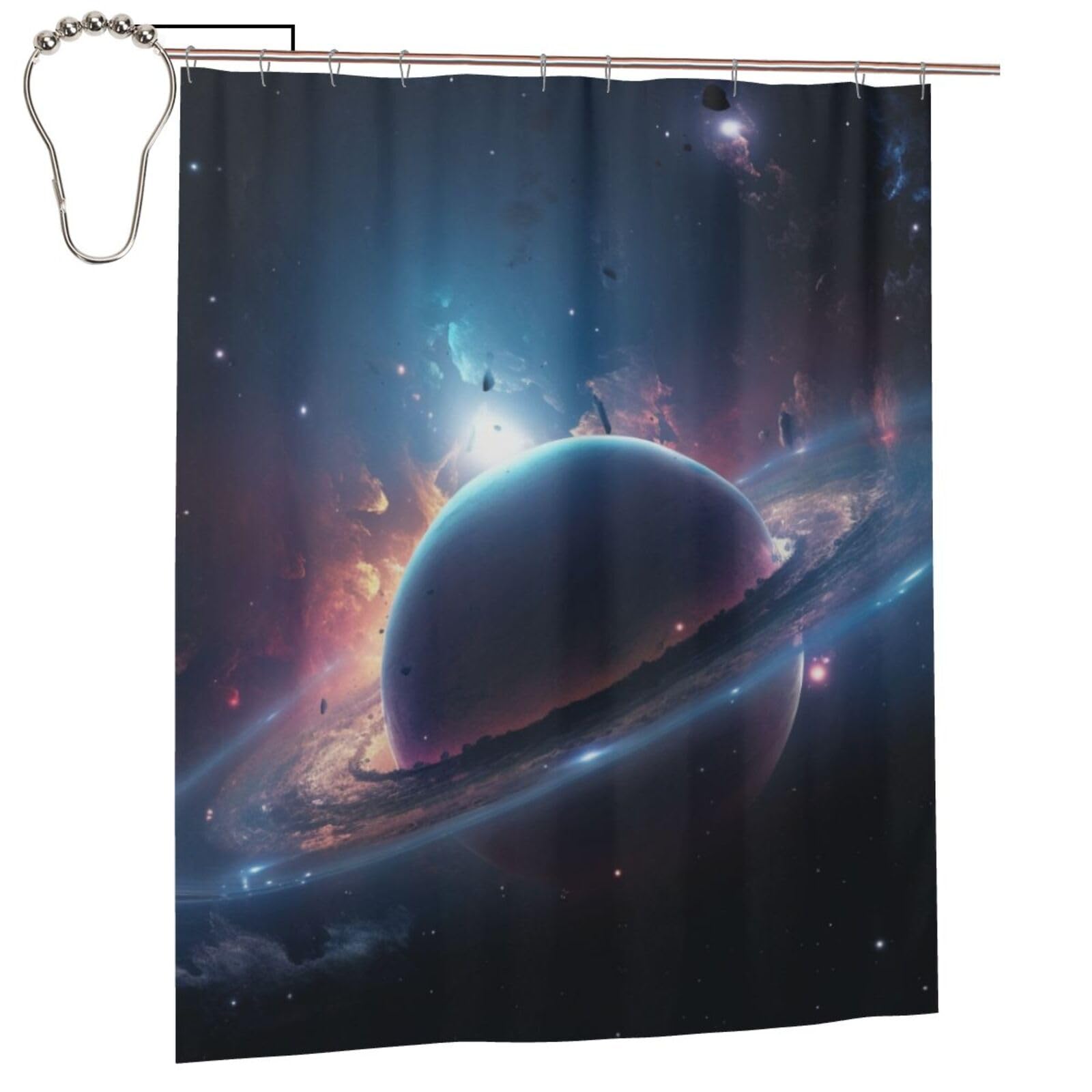 BWWHCCTI Space Planet Printed Shower Curtain With 12 Iron Hooks Opaque Quick Drying Waterproof Shower Curtains Sets For Bathroom 152x183 Cm