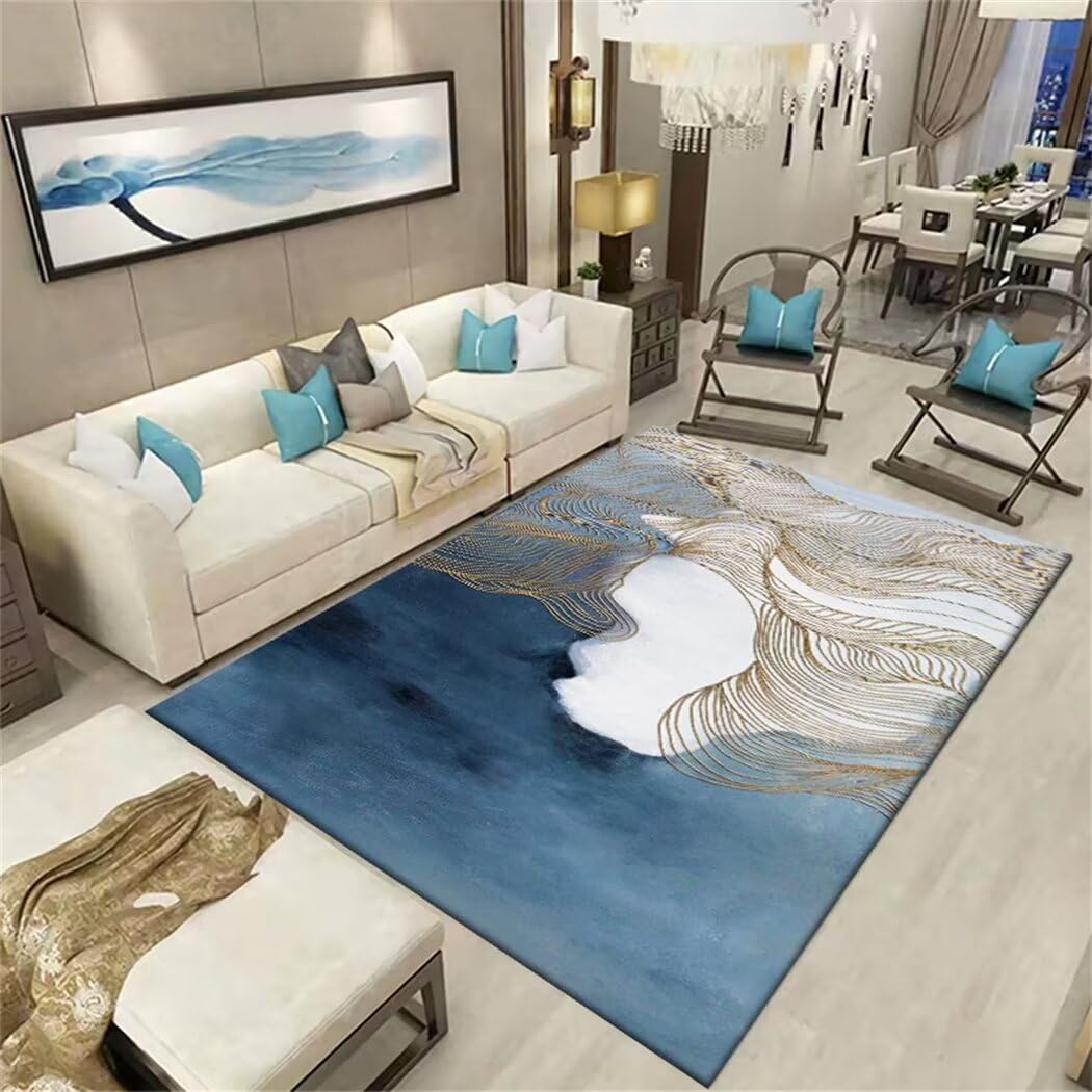 Tapis salon lavable bleu 70x140cm à motif rayé pour chambre d'adolescent