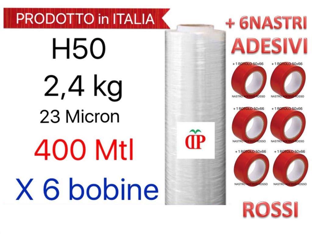 6 BOBINE Pellicola Film in Polietilene per Imballo Imballaggi H 50 cm in Rotolo da 400 mtl spessore 23 micron peso 2,4 kg +6 ROTOLI NASTRO ADESIVO 50x66 ROSSO PPL SILENZIOSO