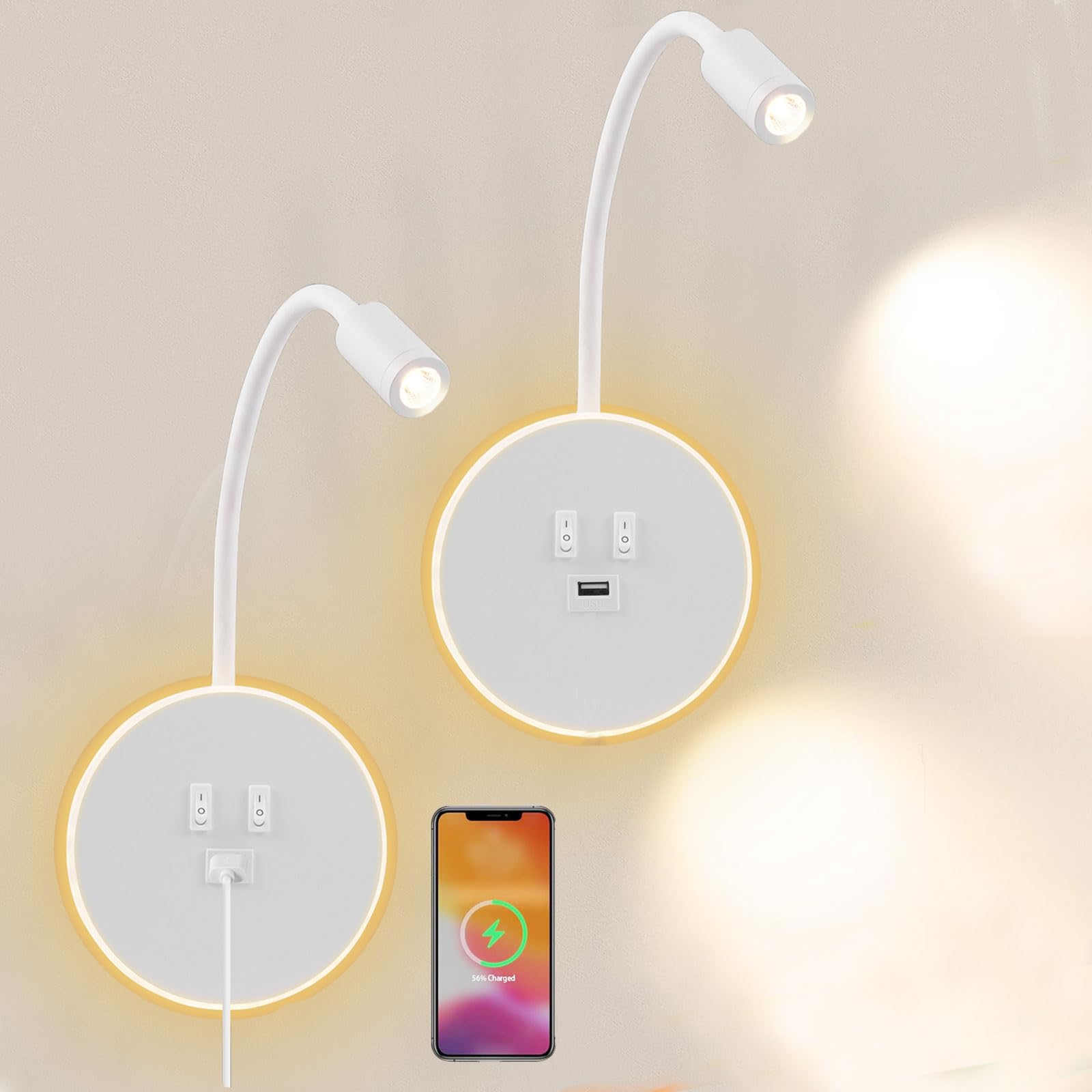 2Pcs Lámpara de Pared LED, luz de lectura de cabecera con Interruptor y puerto de carga USB, Lámpara de lectura giratoria de 360°, Aplique de Pared LED Regulable Interior Para dormitorio