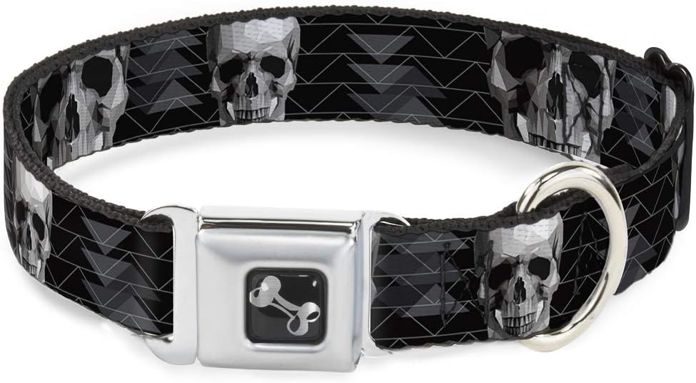 Dog Collar Seatbelt Buckle Geometric 3 D Skull Face Chevron Black Grays White 18 to 32 Inches 1.5 Inch Wide