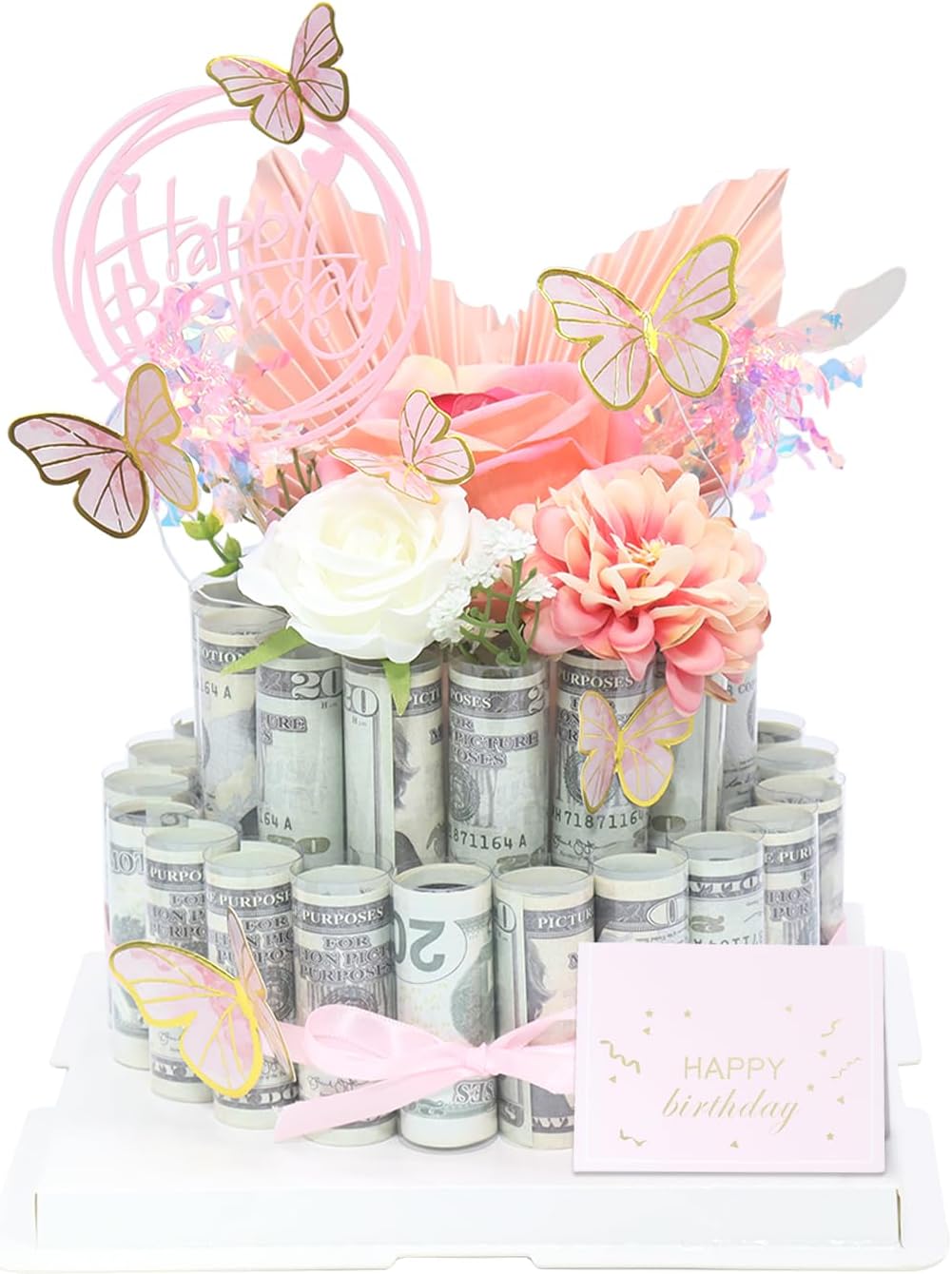 DTESL Gifting Cash Gift Boxes,Happy Birthday Day Money Gift Box,Money Flower Cake Fake Cake Gift Box?DIY Surprise Birthday Gift Box?for Birthday/Valentine's Day Unique Surprise Gift (Pink-two tier)