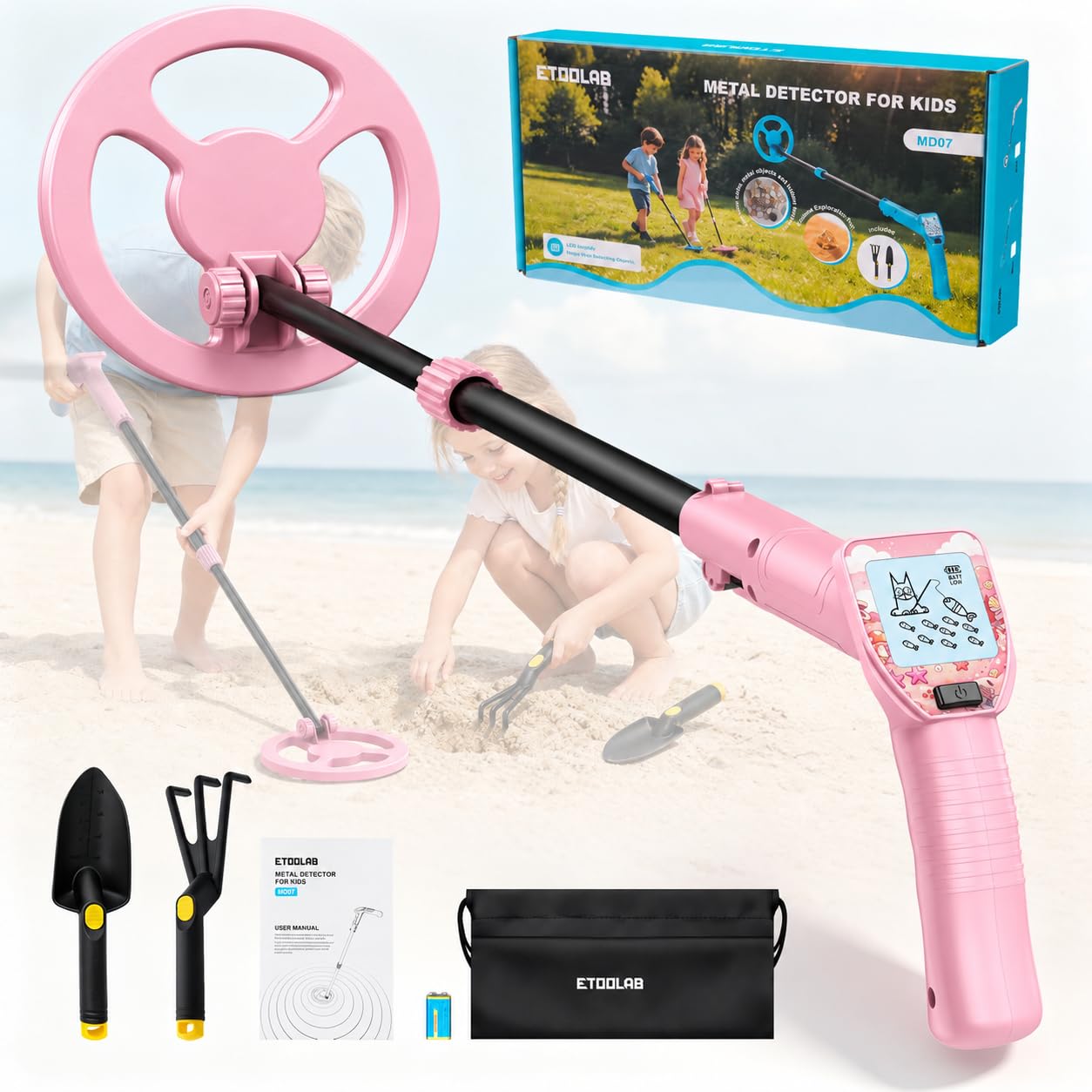ETOOLAB Metalldetektor Kinder, Hochpräziser Metalldetektor Set LCD-Display | Verstellbar 61–102 cm, Schaufel, Rechen, Tasche & 9V-Batterie – für Schatzsuche am Strand, Garten, Park und Wiese, Farbe Rosa
