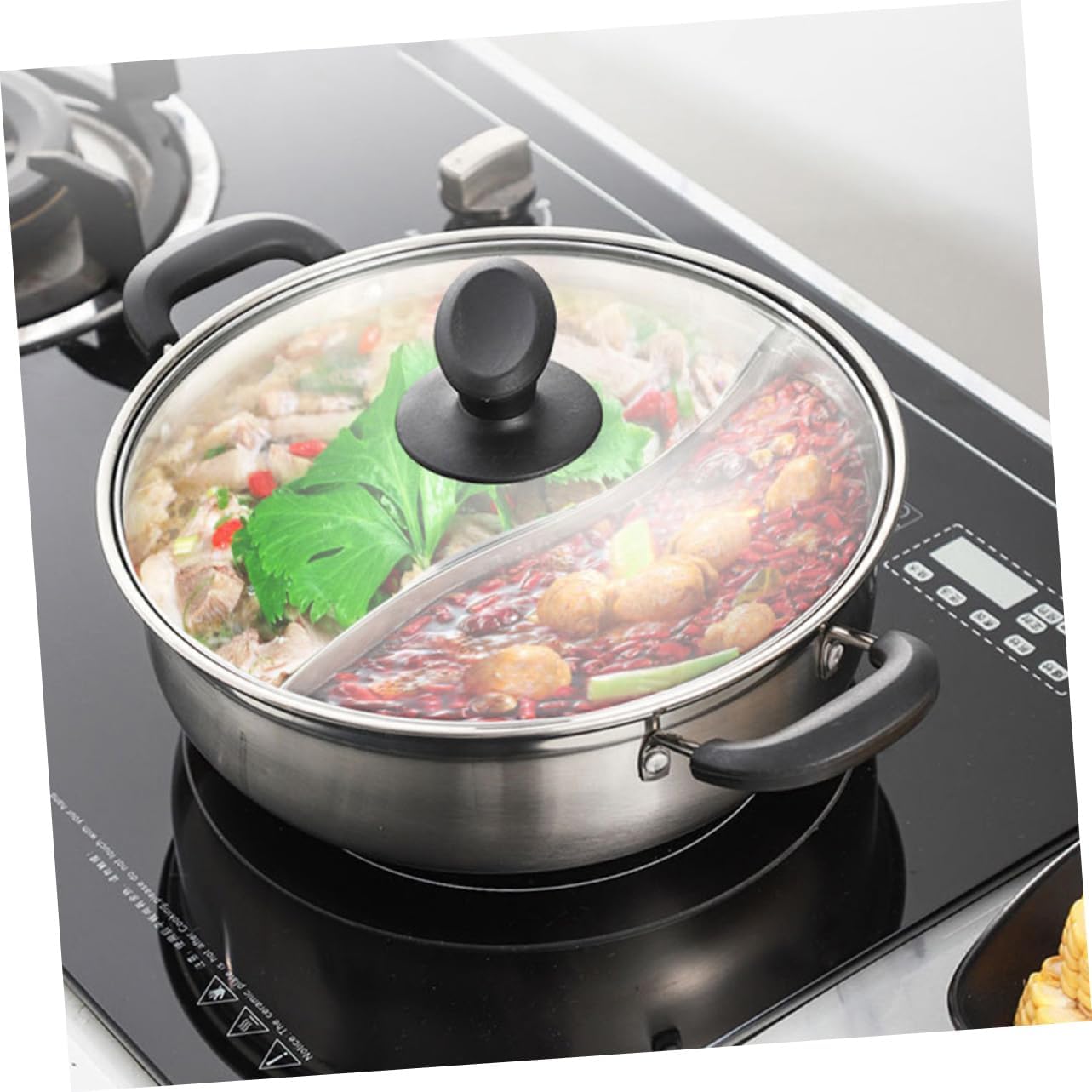BESTYASH 1Pc Dual Flavor Hot Pot Stainless Steel Induction Cooker with Lid Practical Two Flavor Cooking Pot for Home Housewarming