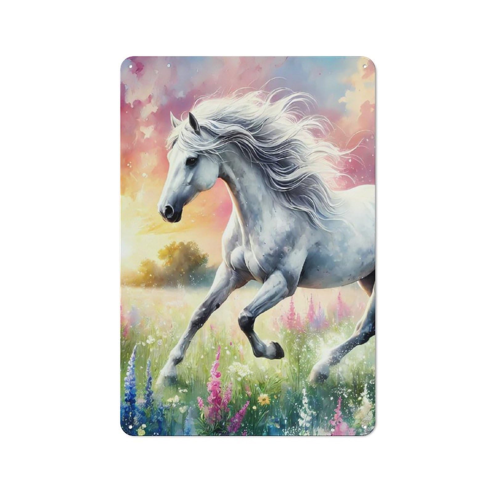 Junmoney White Horse Running Through Field Vintage Metal Wall Art Sign 30X20cm Featuring Old Style Wall Plaque For Kitchen, Hallway, Bar Or Small Cafe