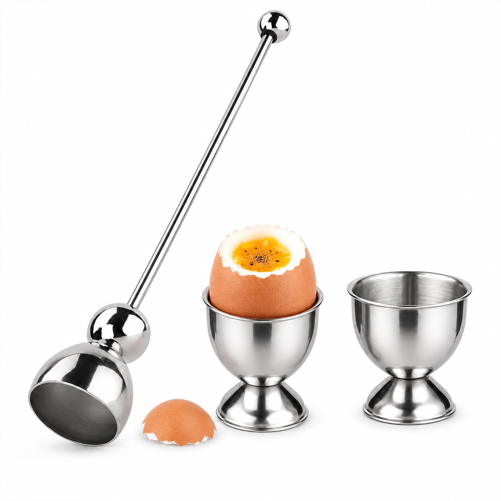 Egg Topper for Boiled Eggs, Stainless Egg Topper Cutter with 2PCS Egg Cups, Efficient Egg Shell Remover for Soft and Hard Boiled Eggs, Practical Kitchen Utensil for Home Hotel Restaurant